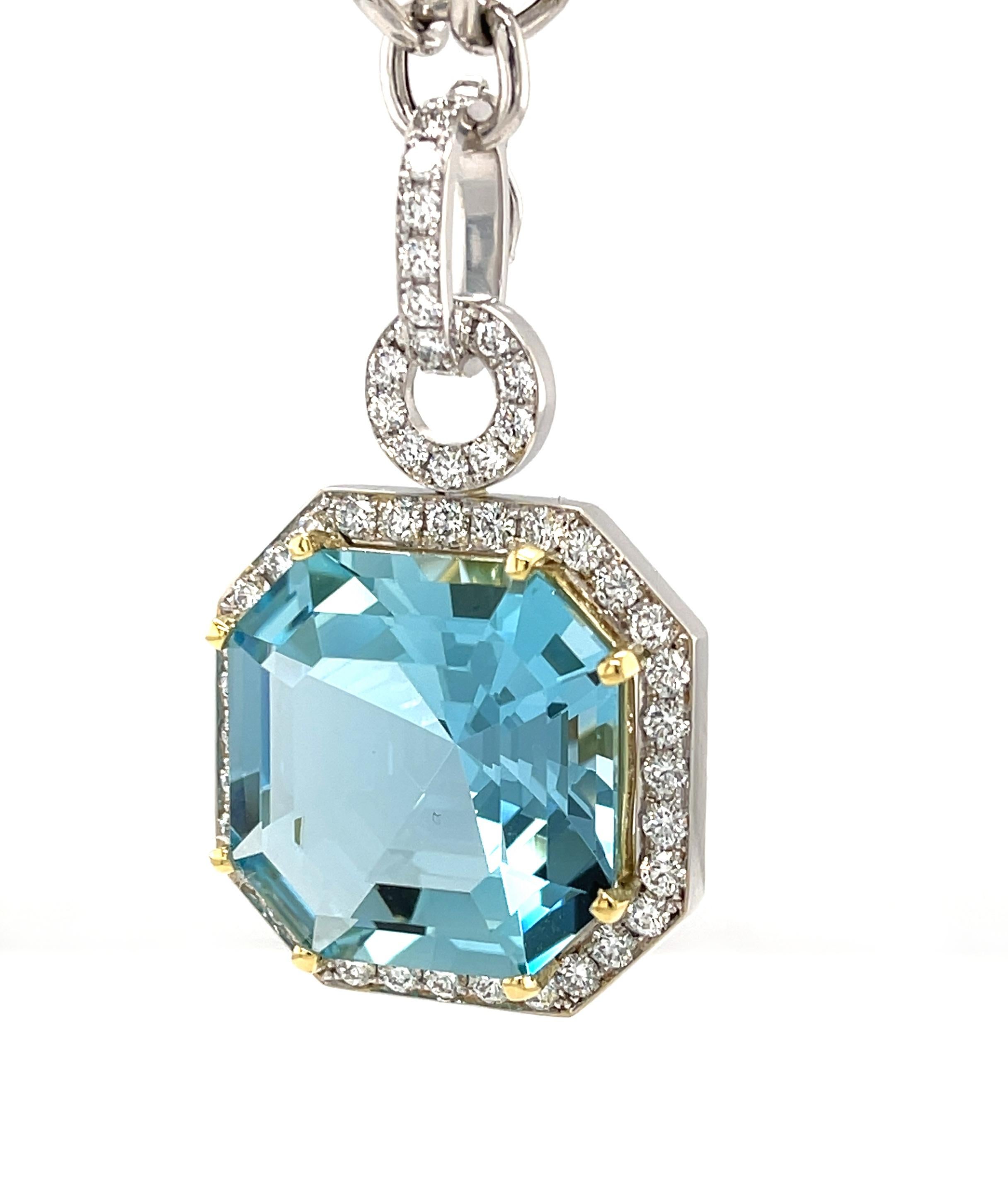 Octagon Cut GIA Certified 23 Carat Aquamarine and Diamond Necklace in White and Yellow Gold For Sale