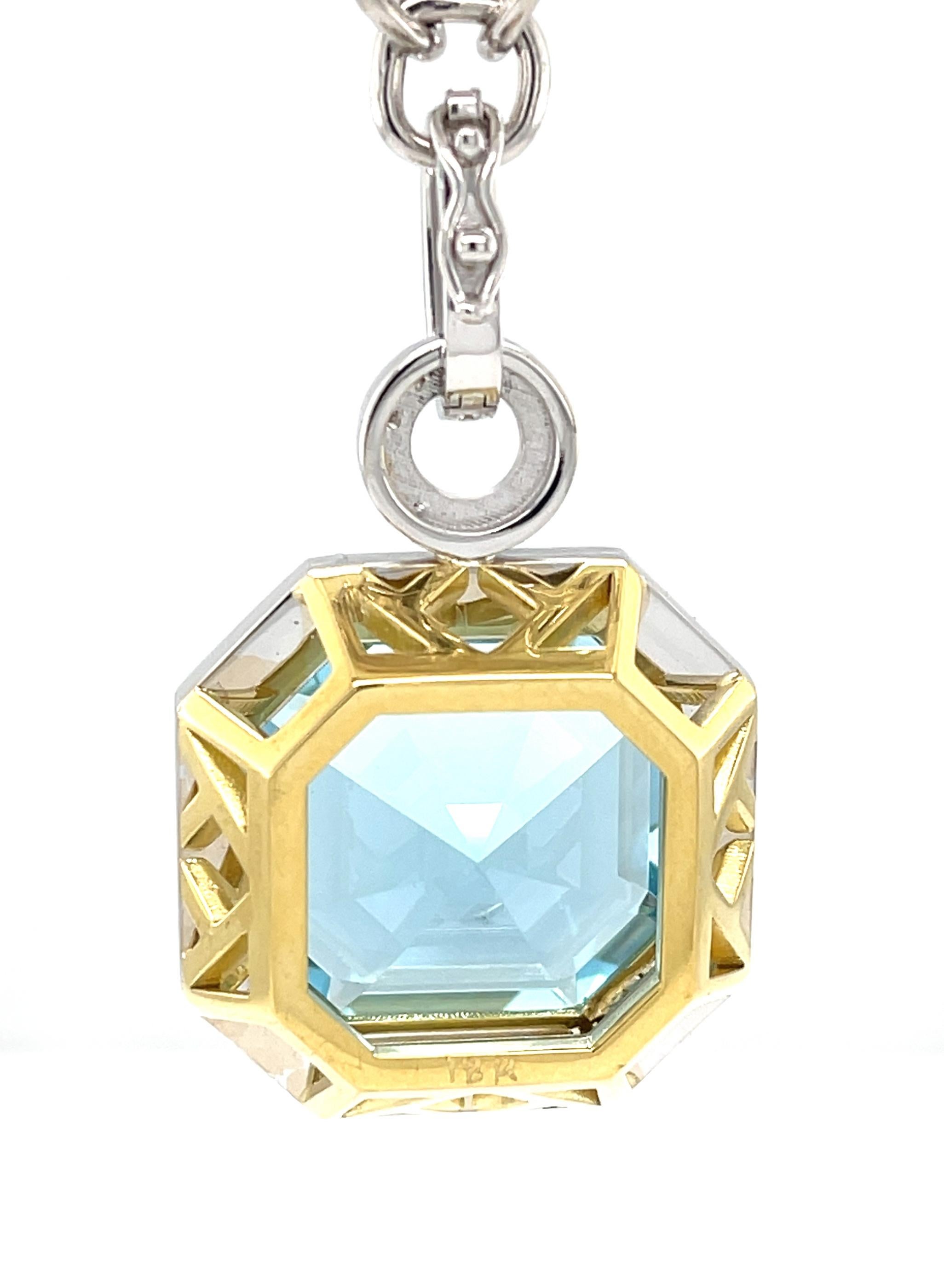 Women's GIA Certified 23 Carat Aquamarine and Diamond Necklace in White and Yellow Gold For Sale