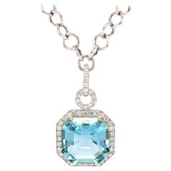 GIA Certified 23 Carat Aquamarine and Diamond Necklace in White and Yellow Gold