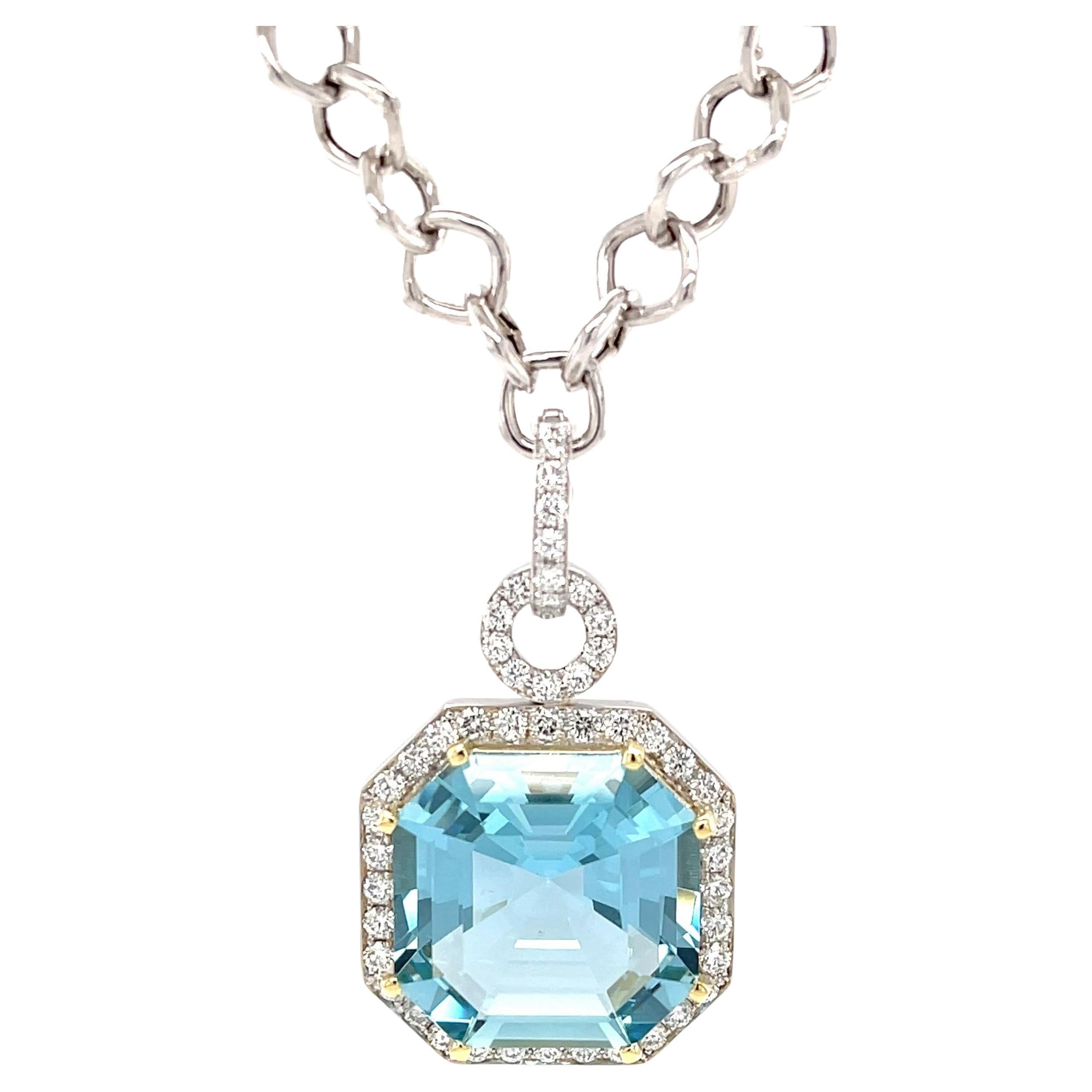 GIA Certified 23 Carat Aquamarine and Diamond Necklace in White and Yellow Gold For Sale