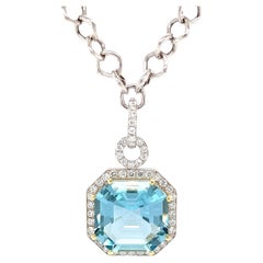 GIA Certified 23 Carat Aquamarine and Diamond Necklace in White and Yellow Gold