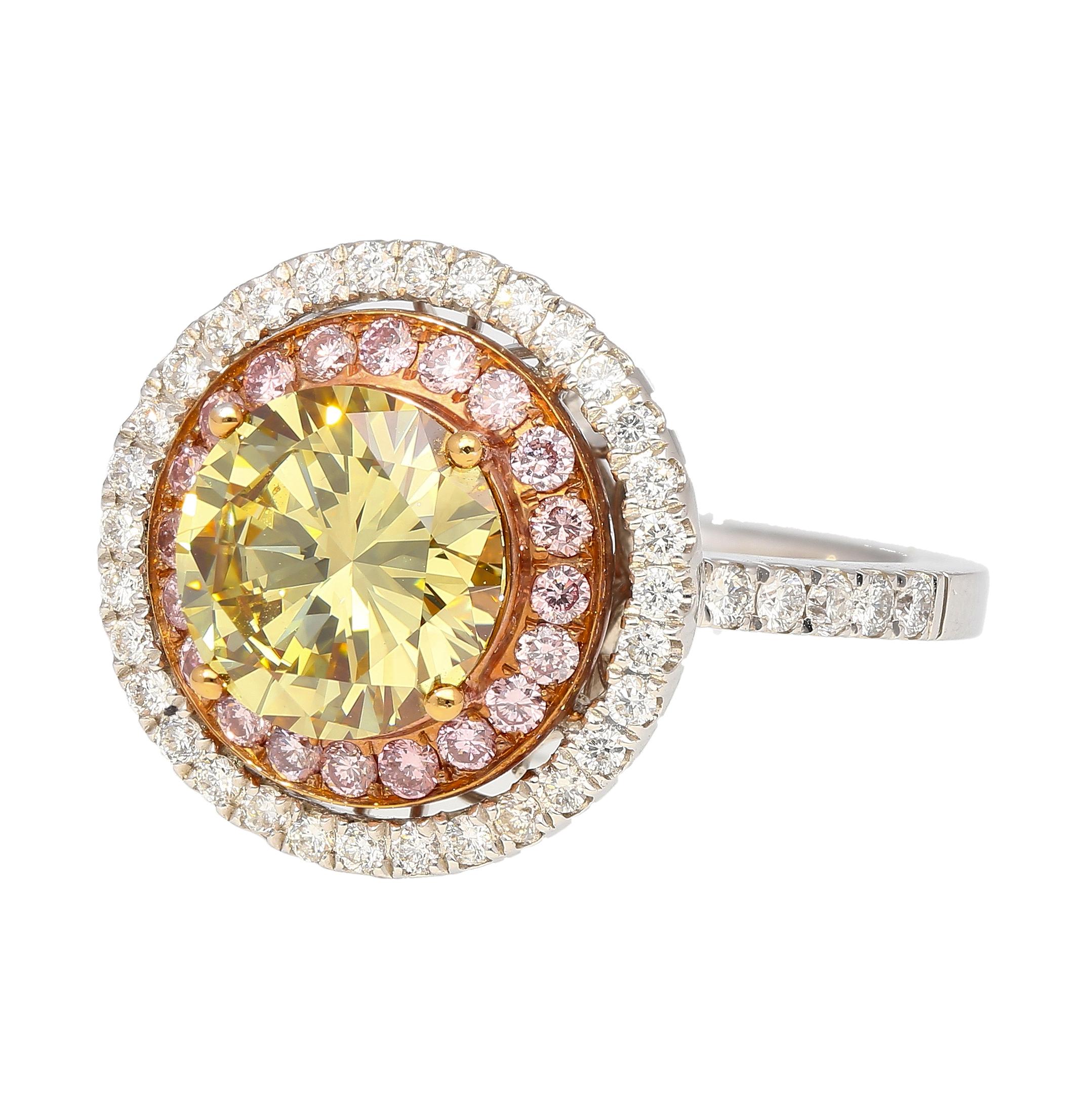 2.30 carat fancy color natural diamond, with a multi-colored double diamond halo and set in 18k solid gold. GIA Certified 2.30 carat Fancy Brownish Greenish Yellow, even color distribution, natural color origin, and VS1 clarity. GIA gave this grade