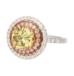 GIA Certified 2.3 Carat Brownish Greenish Yellow Diamond Round Double Halo Ring