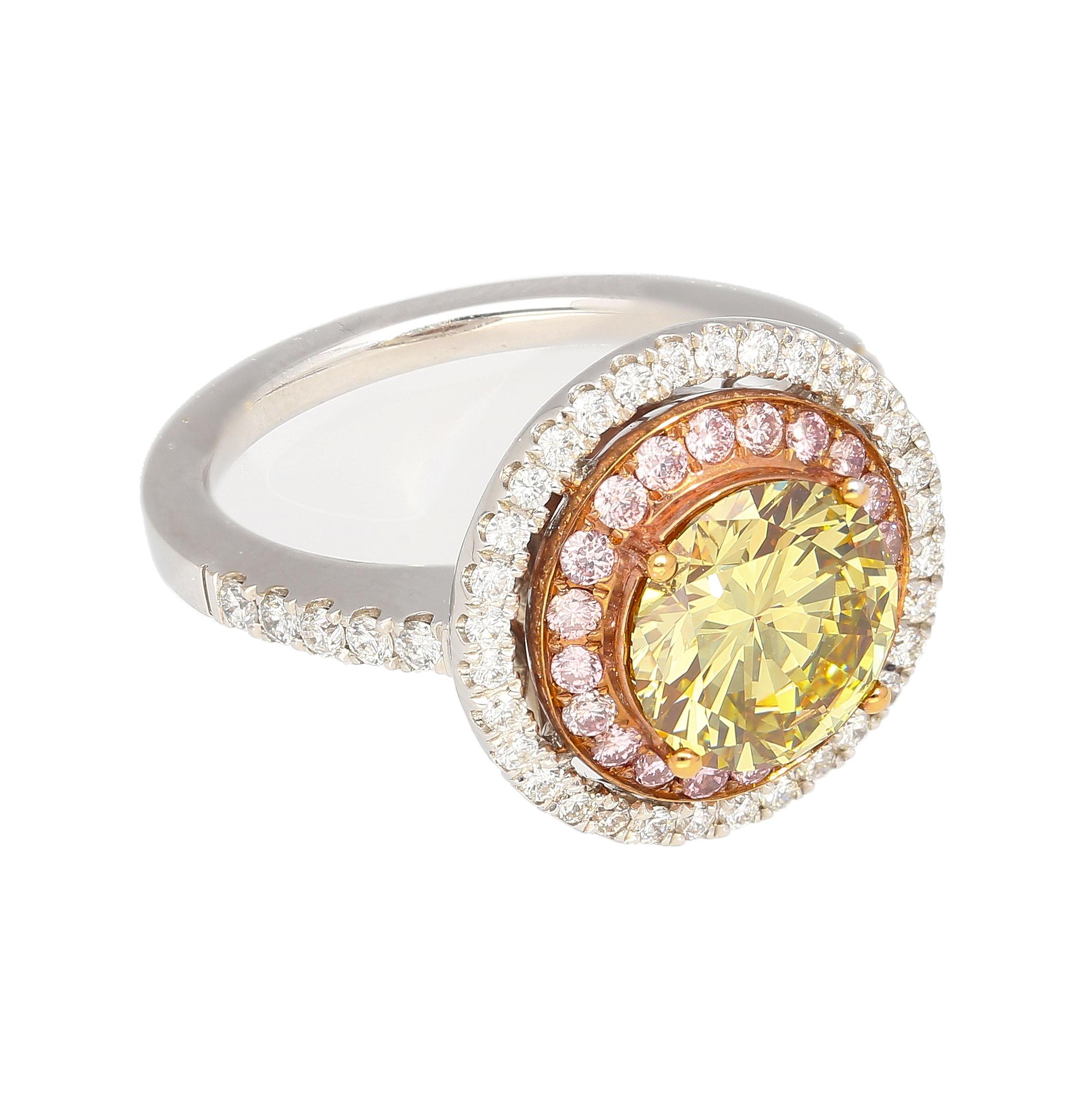 Art Deco GIA Certified 2.3 Carat Brownish Greenish Yellow Diamond Round Double Halo Ring For Sale