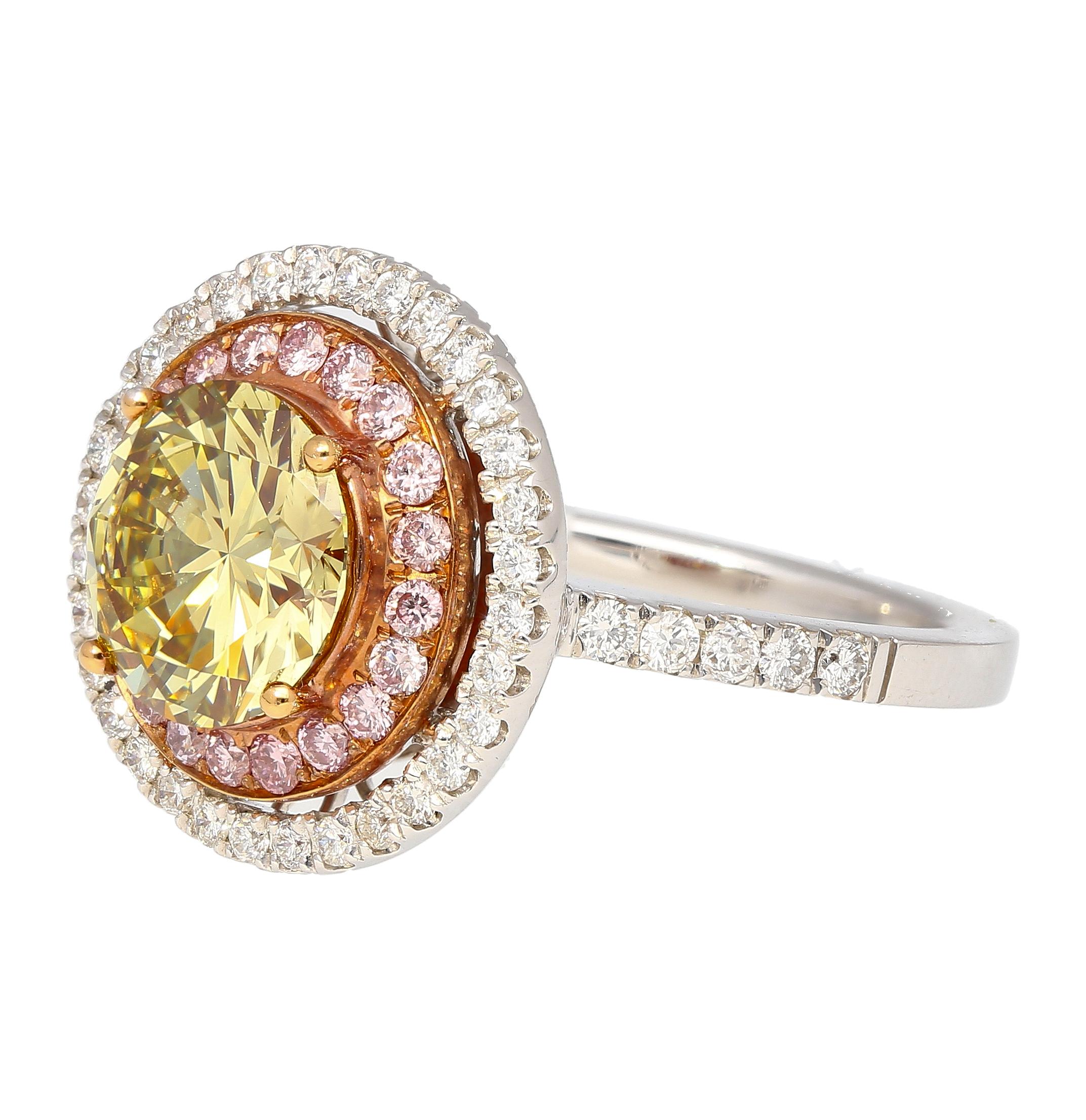 Round Cut GIA Certified 2.3 Carat Brownish Greenish Yellow Diamond Round Double Halo Ring For Sale