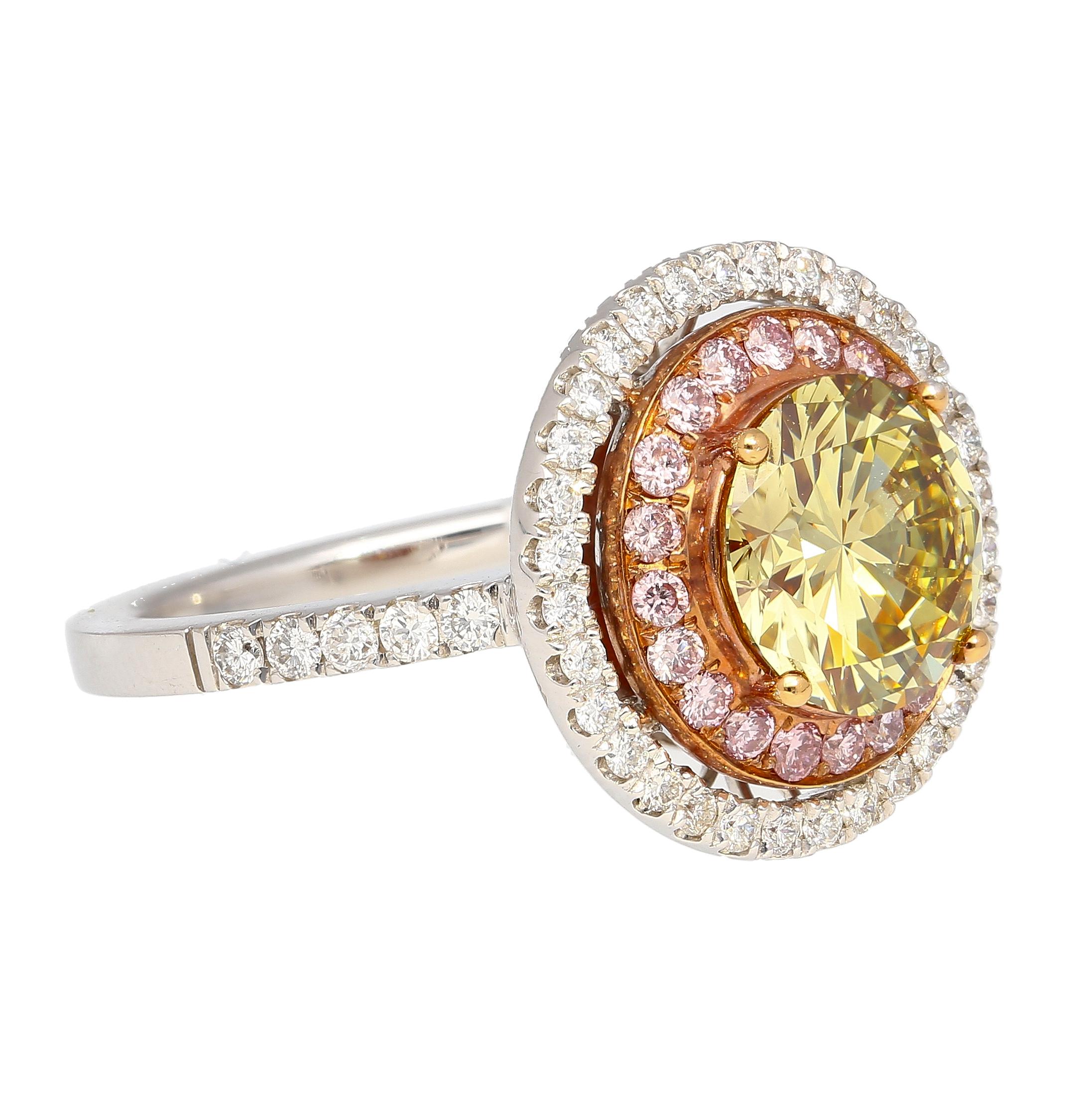 GIA Certified 2.3 Carat Brownish Greenish Yellow Diamond Round Double Halo Ring In New Condition For Sale In Miami, FL