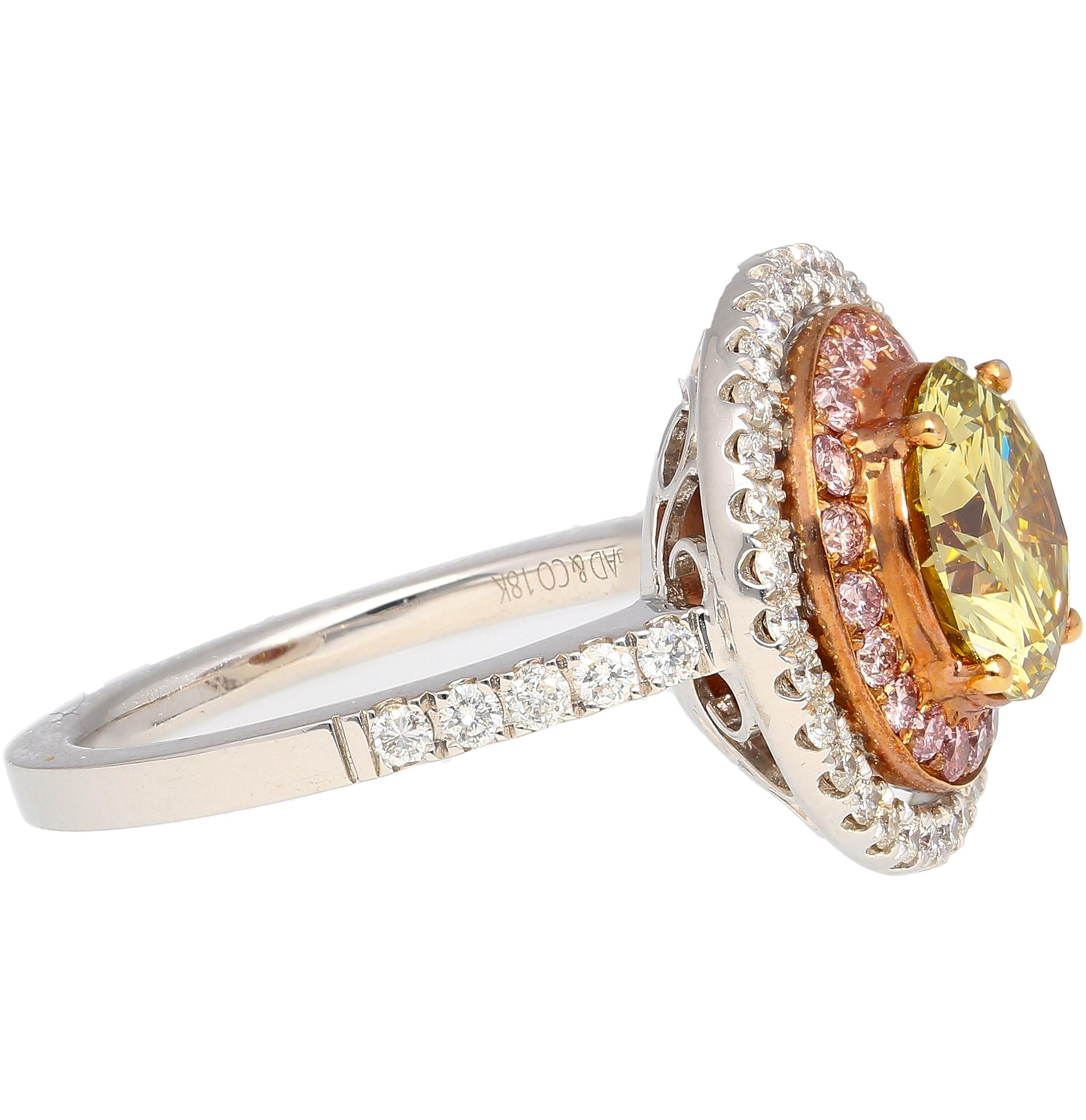 Women's GIA Certified 2.3 Carat Brownish Greenish Yellow Diamond Round Double Halo Ring For Sale