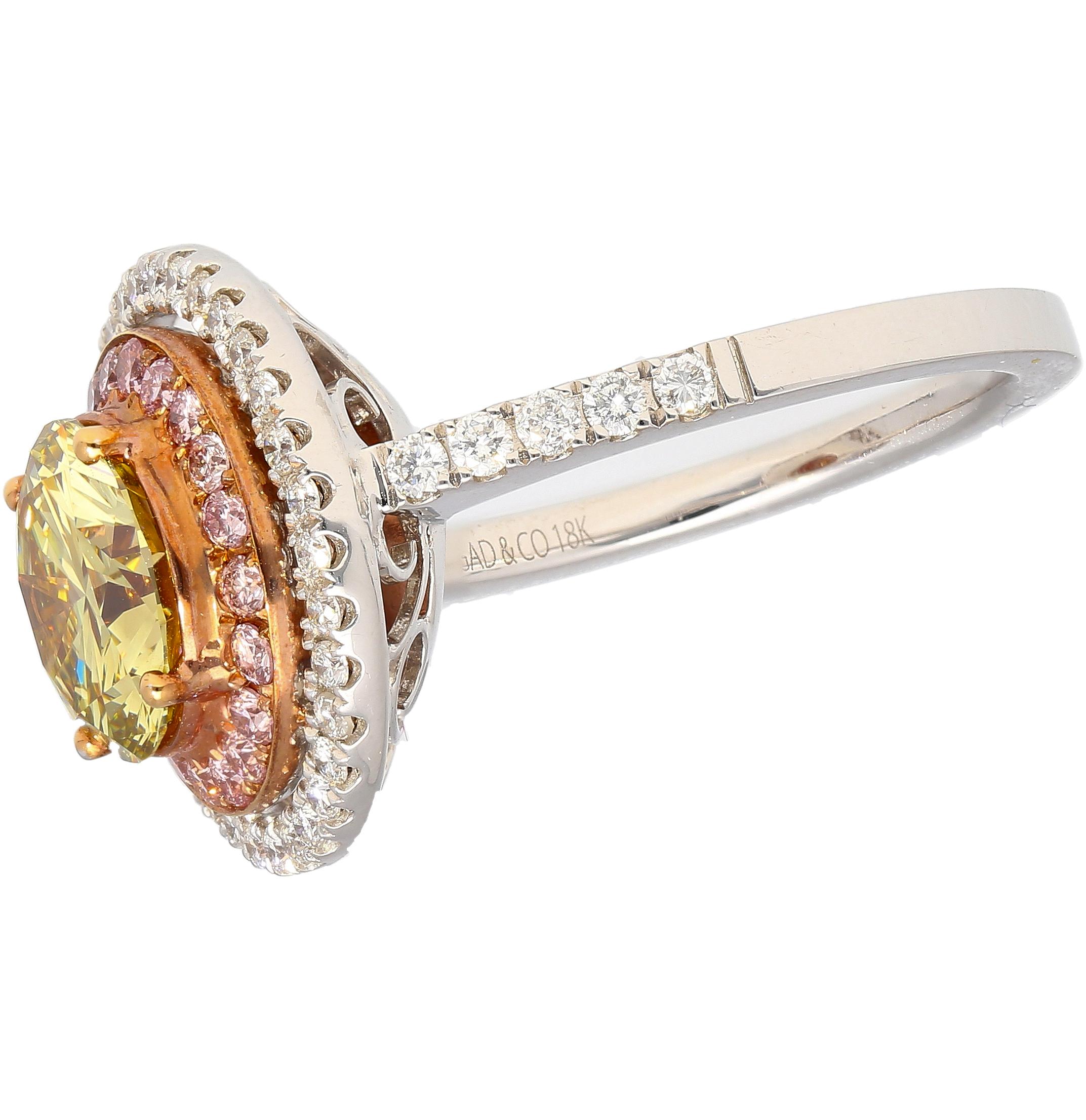 GIA Certified 2.3 Carat Brownish Greenish Yellow Diamond Round Double Halo Ring For Sale 1