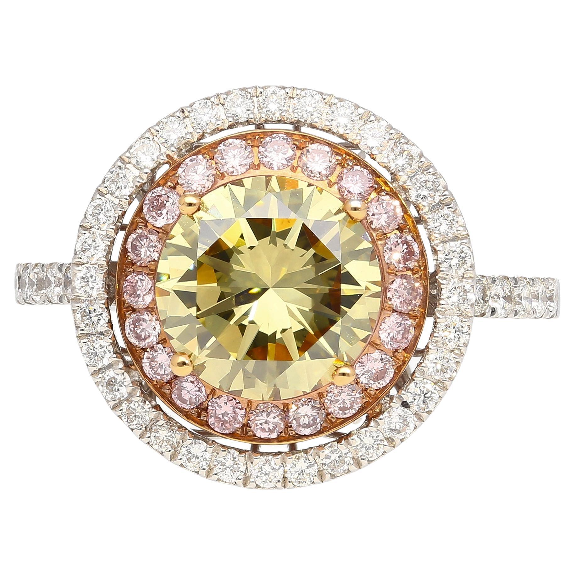 GIA Certified 2.3 Carat Brownish Greenish Yellow Diamond Round Double Halo Ring For Sale