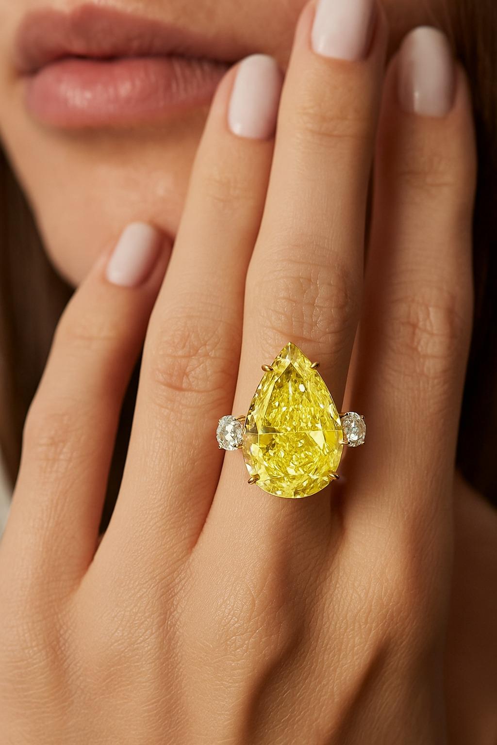Anello di diamanti con taglio a pera e brillante giallo intenso certificato GIA da 23 carati In condizioni Nuovo in vendita a Chicago, IL