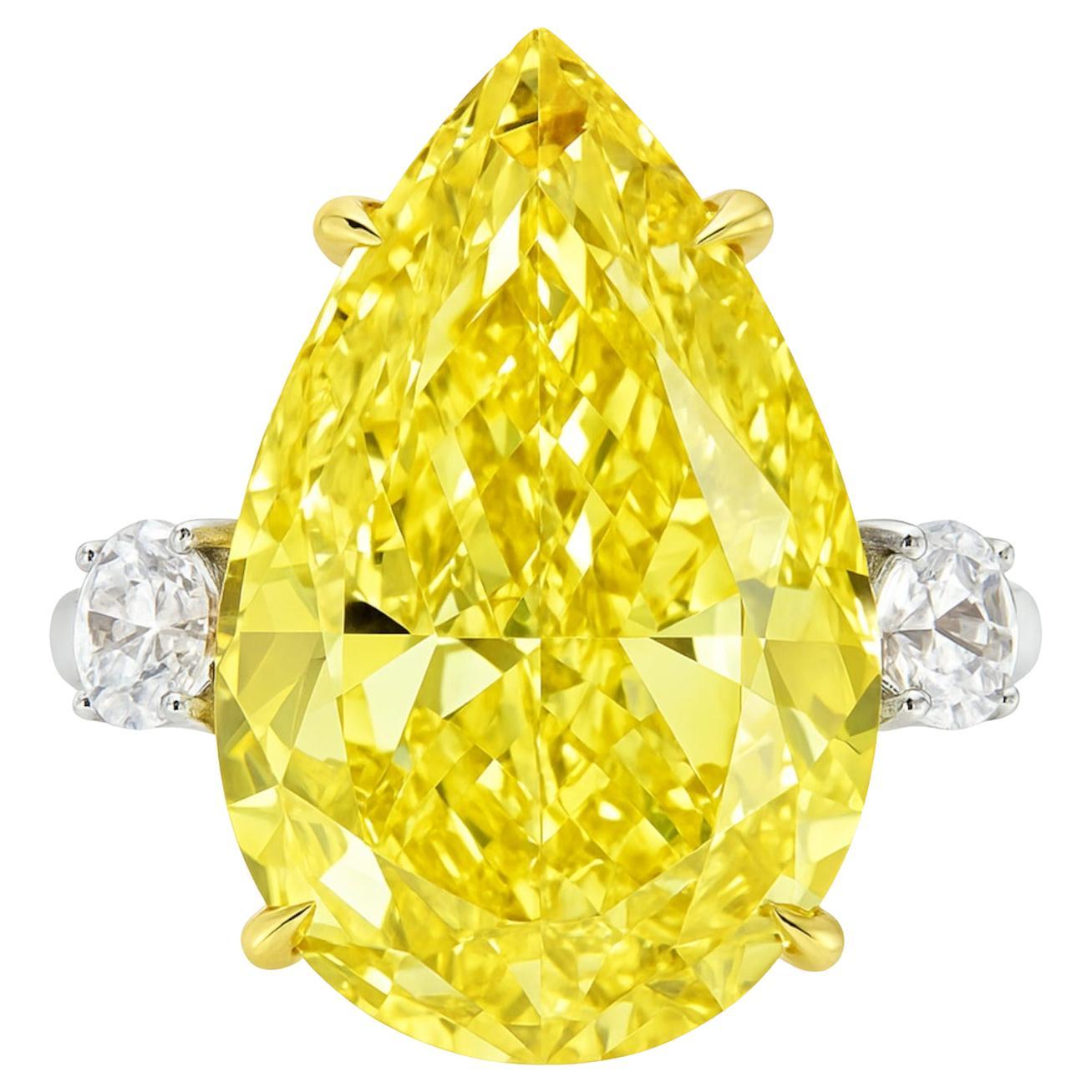 Bague diamant poire taille brillant certifié GIA 23 carats Fancy Intense Yellow