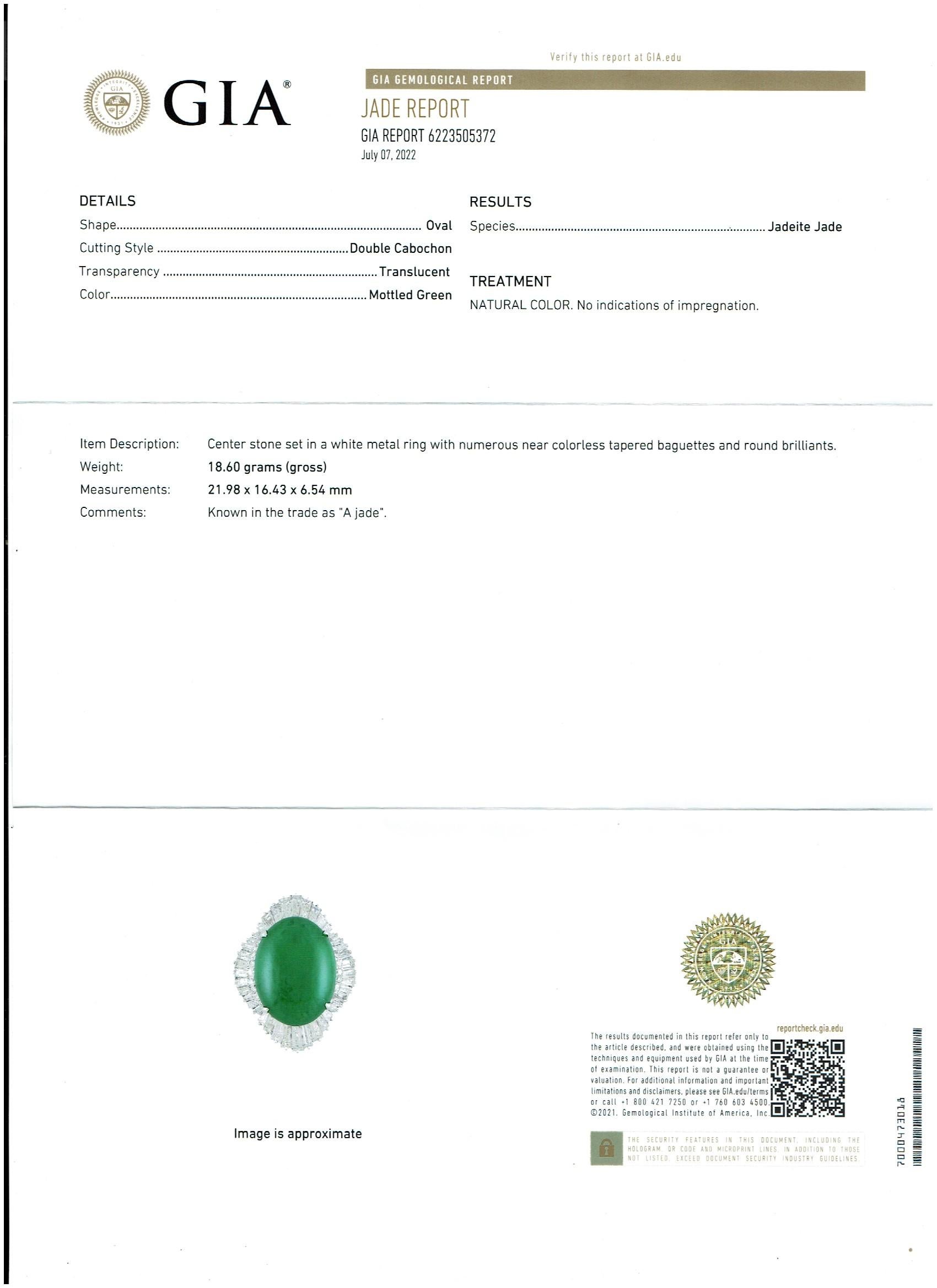 Oval Cut GIA Certified 23 Carat Jadeite Jade +4.5ct Diamond Cocktail Ring Platinum Estate For Sale