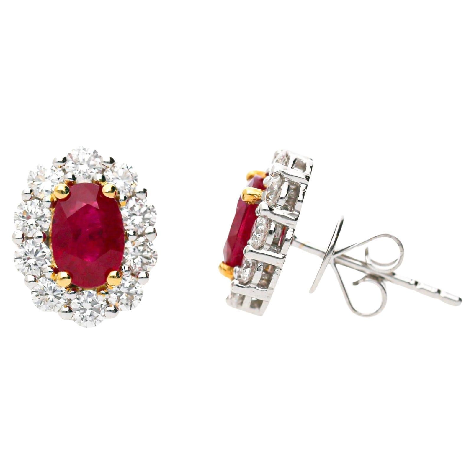 GIA Certified 2.3 Carat Oval Ruby & Round Diamond Halo 18K Stud Earrings