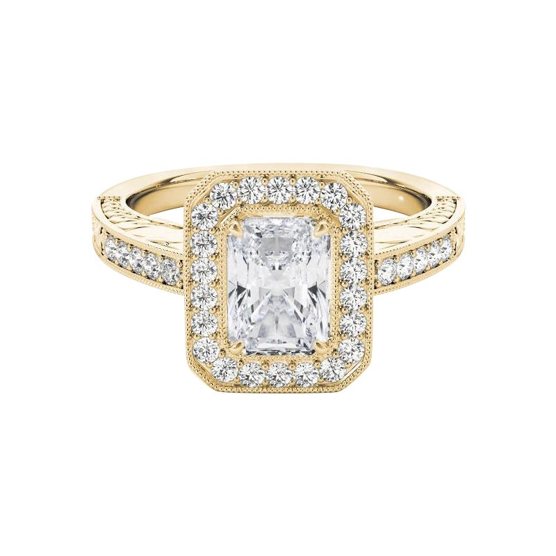 Anello con diamante radiante aureolato inciso e traforato certificato GIA da 2.3 carati