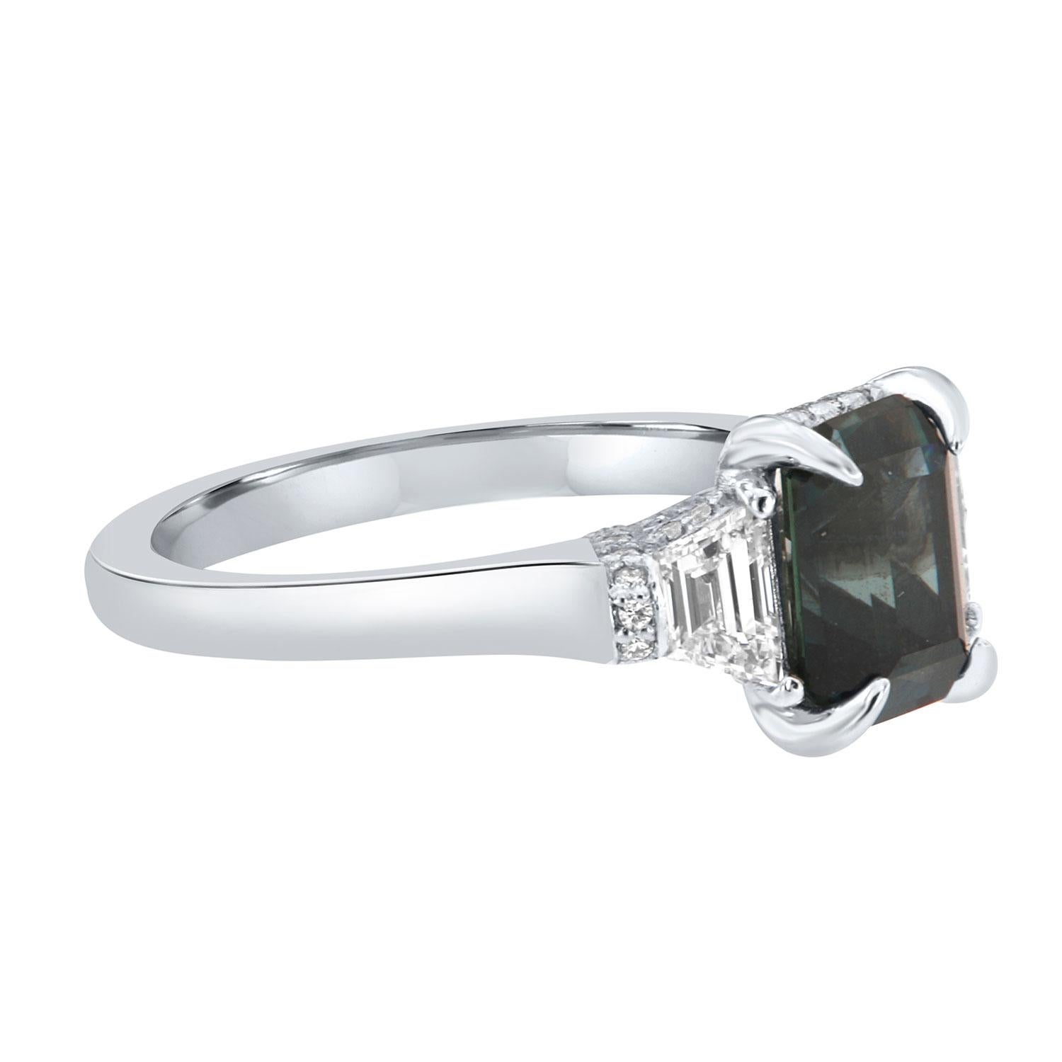 Emerald Cut GIA Certified 2.30 Carat Non Heated Dark Blue Sapphire Diamond Platinum Ring For Sale