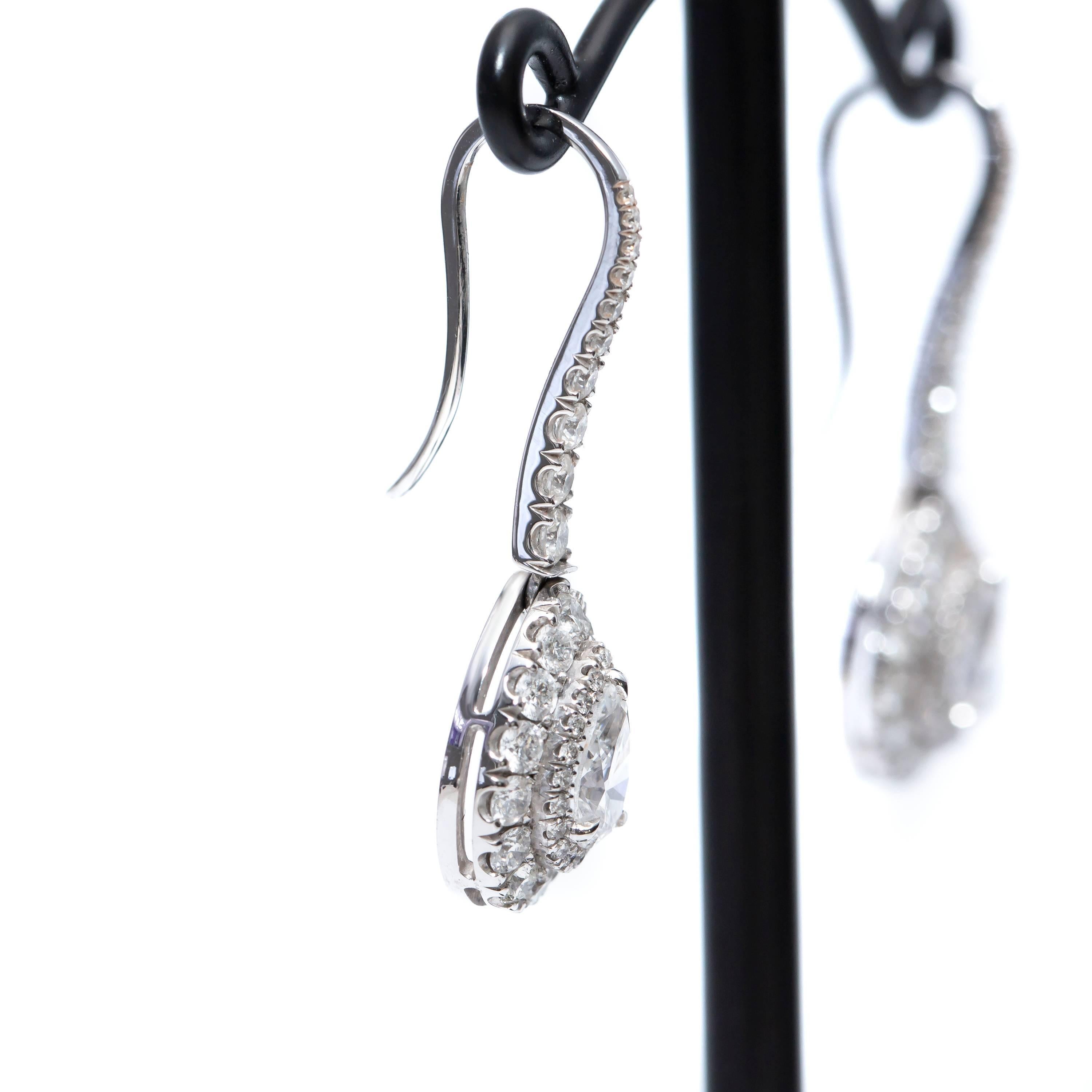 Pear Cut GIA Certified 2.30 Carat Pear Shaped Platinum Diamond Drop Halo Modern Earrings For Sale