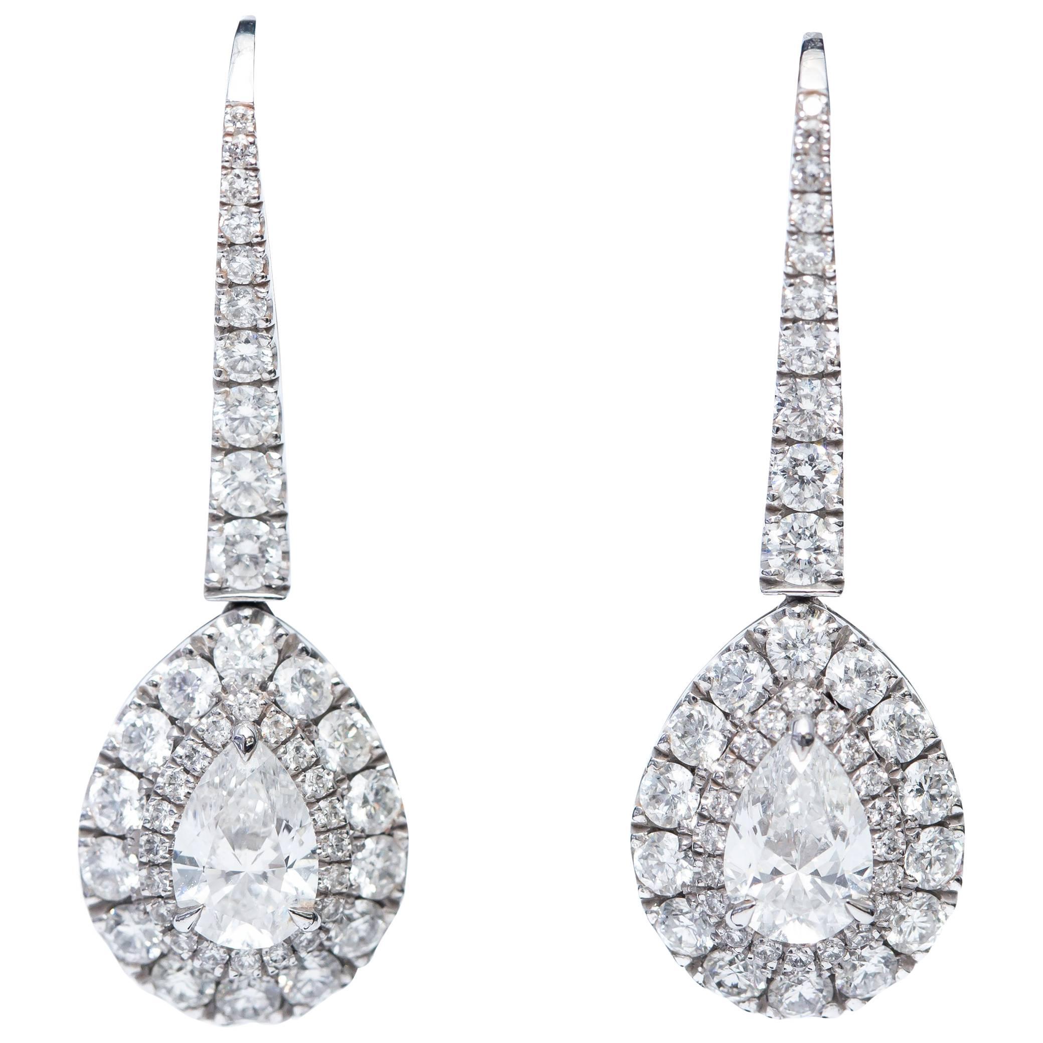 GIA Certified 2.30 Carat Pear Shaped Platinum Diamond Drop Halo Modern Earrings For Sale