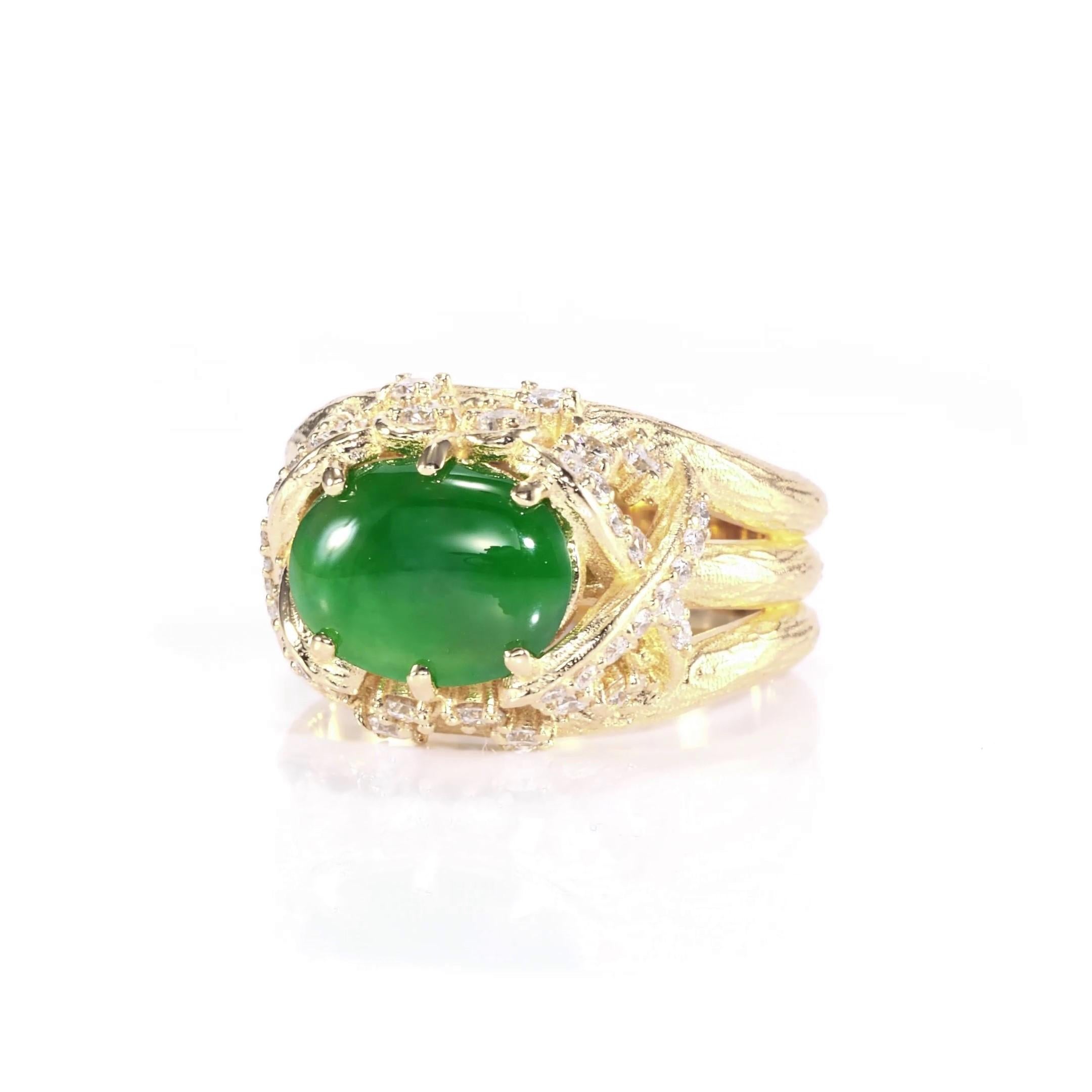 18K Rose / Yellow Gold Ring 9.79gm
Imperial Type A Jadeite Jade 2.30ct
Diamond 0.67ct VS Clarity EF Color
GIA #5201642645
Warmly crafted in 18K rose and yellow gold, this stunning style features a zesty green 2.30ct natural Imperial Jadeite Jade