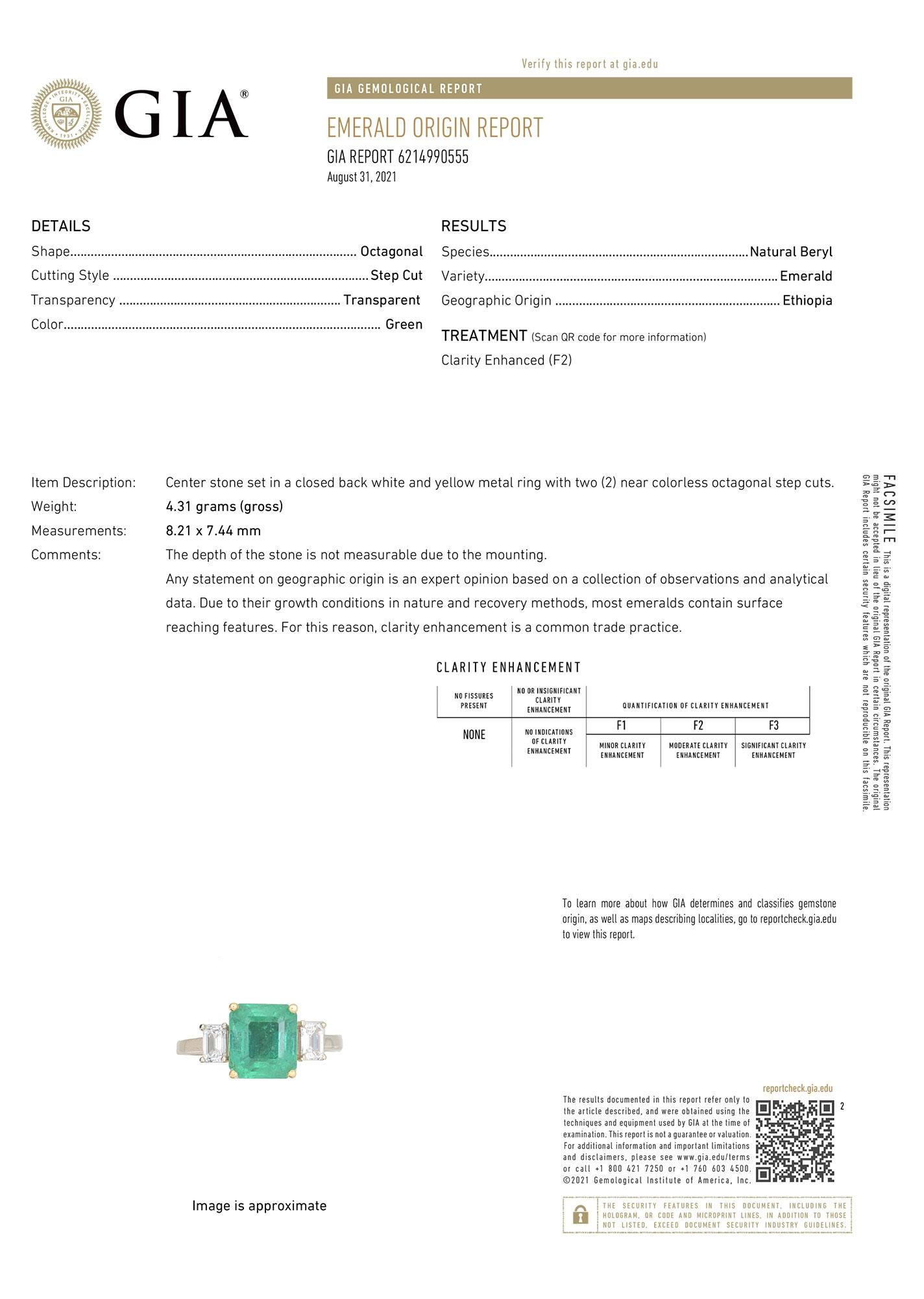 GIA Certified 2.31 Carat Green Emerald  18K Two-Tone Three-Stone Diamond Ring  In New Condition For Sale In San Francisco, CA