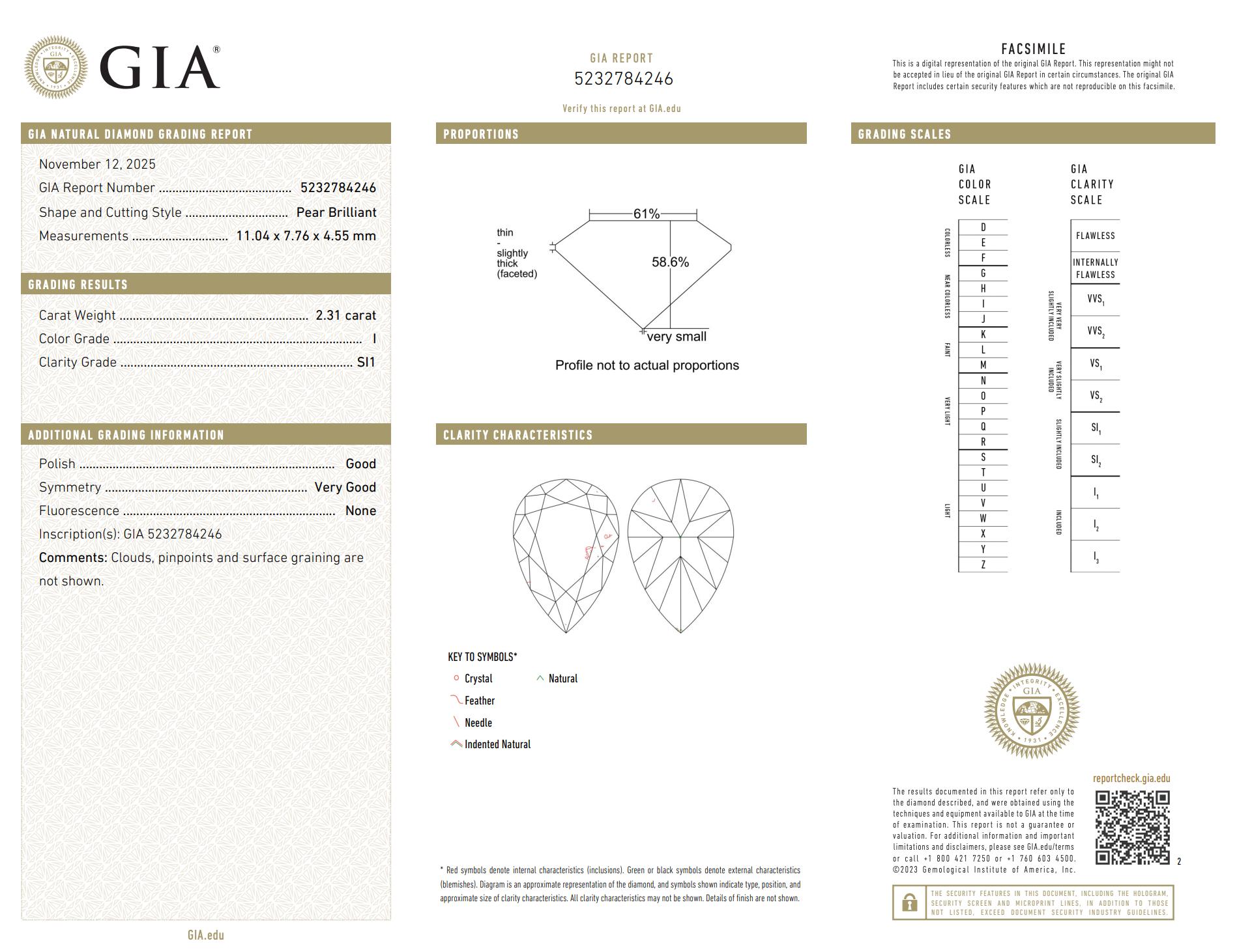 De las mujeres Anillo de compromiso con diamante natural en forma de pera de 2,31 quilates I SI1 certificado por el GIA en venta