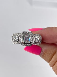 J. Birnbach 1.10 Carat Asscher Cut Diamond Three Stone Ring with Halo