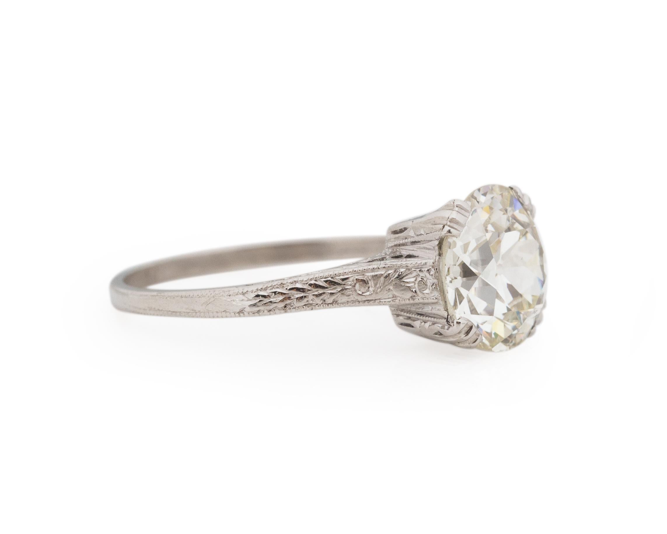 Ring Size: 6.75
Metal Type: Platinum [Hallmarked, and Tested]
Weight: 3.5 grams

Center Diamond Details:
GIA REPORT #: 2225155755
Weight: 2.32ct
Cut: Old European brilliant
Color: L
Clarity: SI1
Measurements: 8.62mm x 8.39mm x 5.00mm

Finger to Top