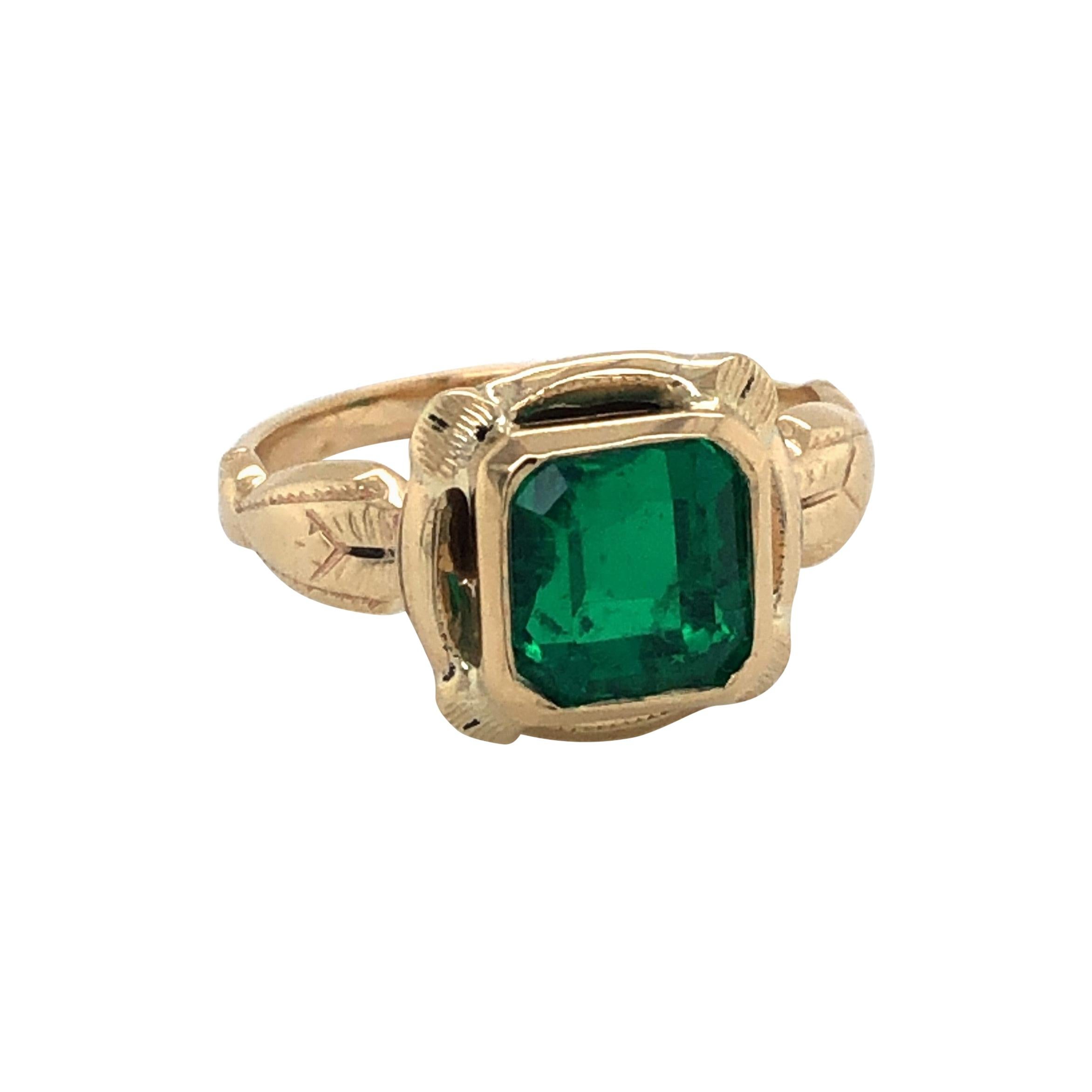 GIA Certified 2.33 Carat Emerald Antique Yellow Gold Ring
