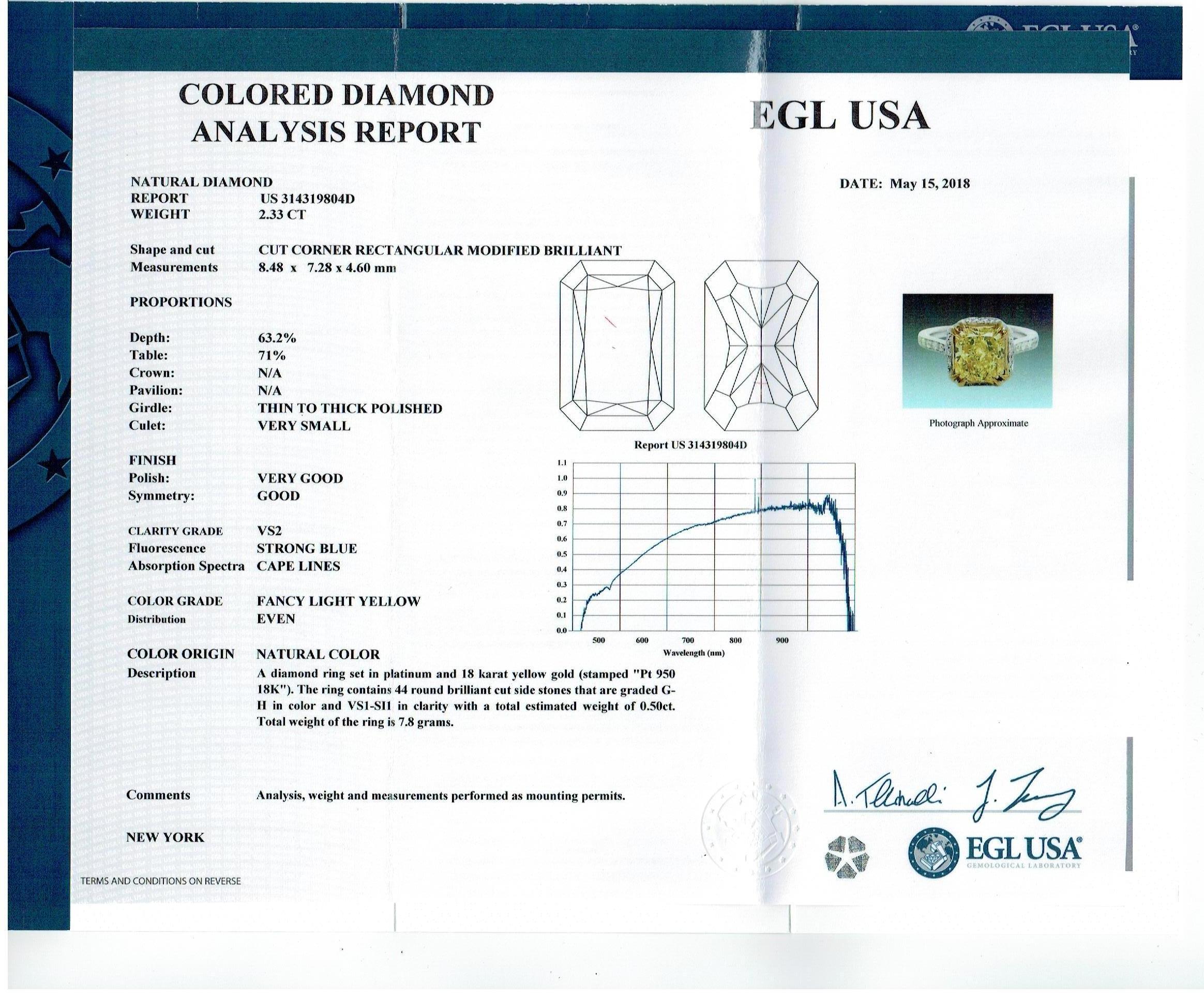 Radiant Cut GIA Certified 2.33 Carat Fancy Yellow Radiant Diamond Ring in Platinum