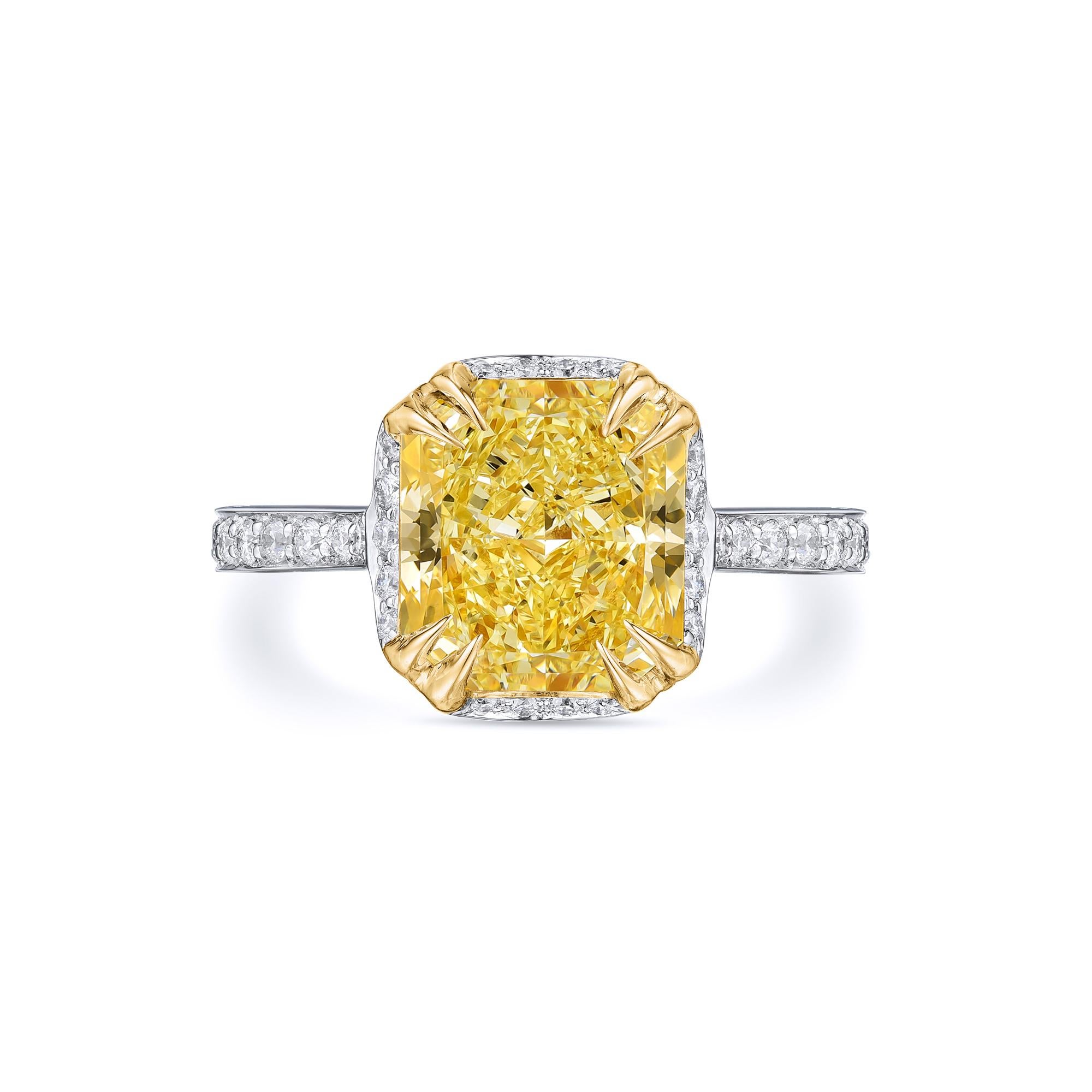 GIA Certified 2.33 Carat Fancy Yellow Radiant Diamond Ring in Platinum 1