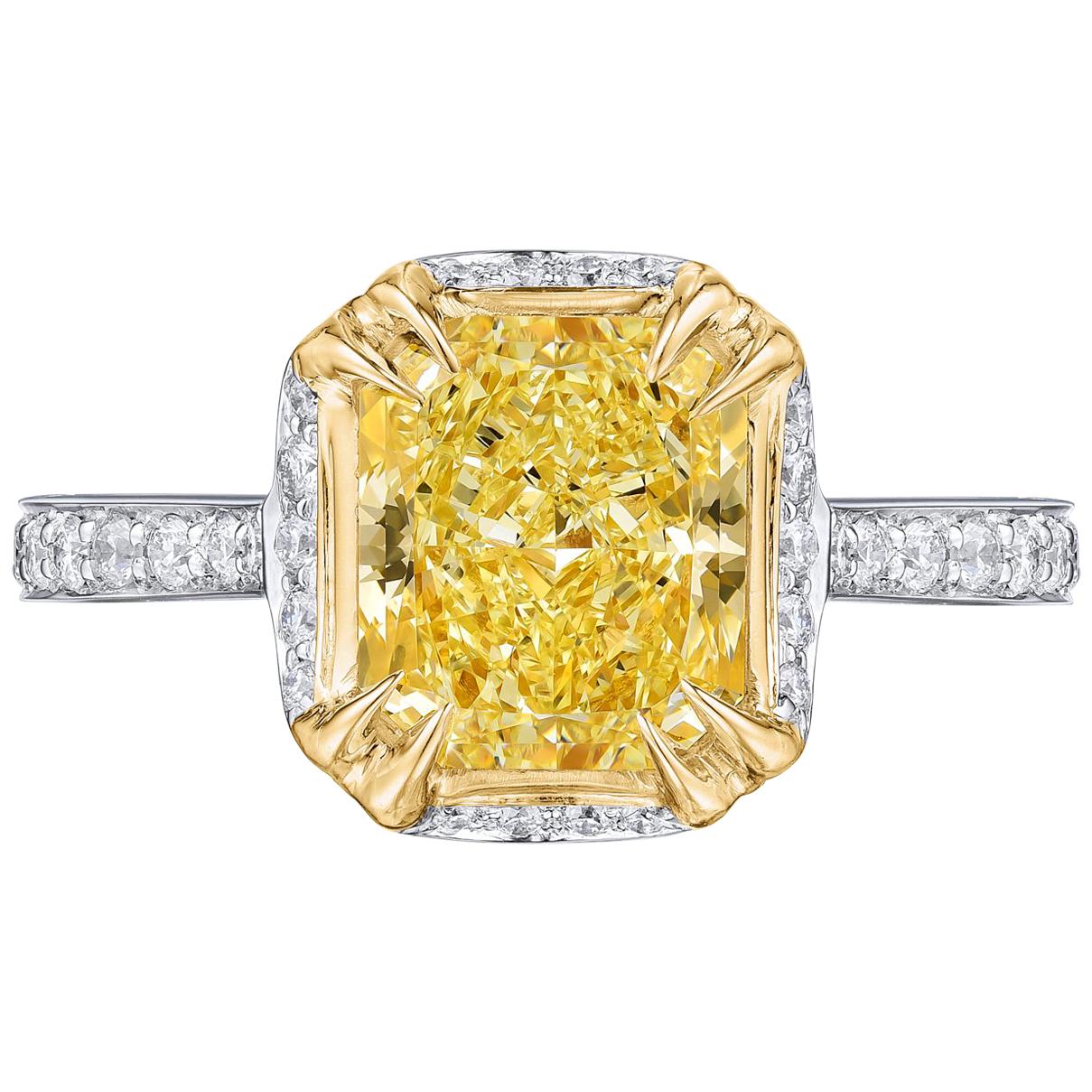 GIA Certified 2.33 Carat Fancy Yellow Radiant Diamond Ring in Platinum