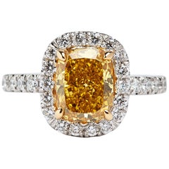 GIA Certified 2.34 Carat Fancy Vivid Yellow Cushion Cut Diamond Ring