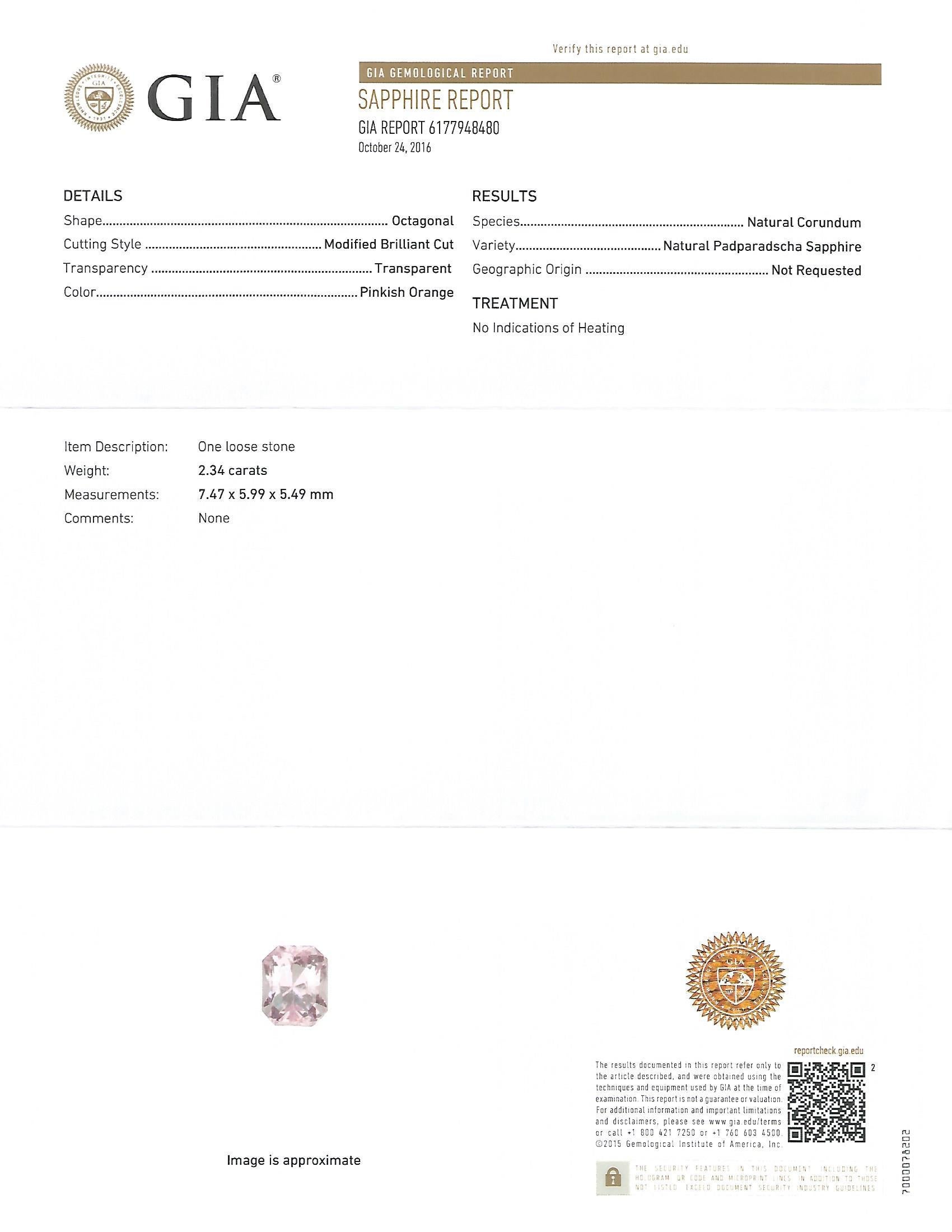 Radiant Cut GIA Certified 2.34 Carat Rare Natural Padparadscha Sapphire Diamond Ring For Sale