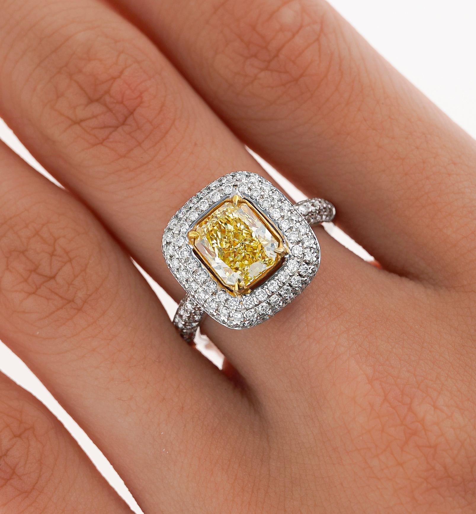 GIA Certified 2.35 Radiant Cut Fancy Yellow Diamond Ring in 18k White Gold For Sale 6