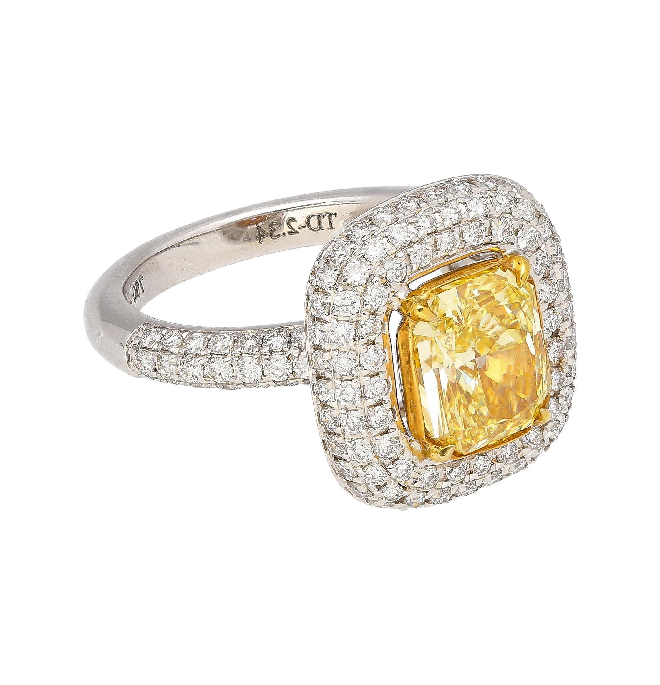 Modern GIA Certified 2.35 Radiant Cut Fancy Yellow Diamond Ring in 18k White Gold For Sale