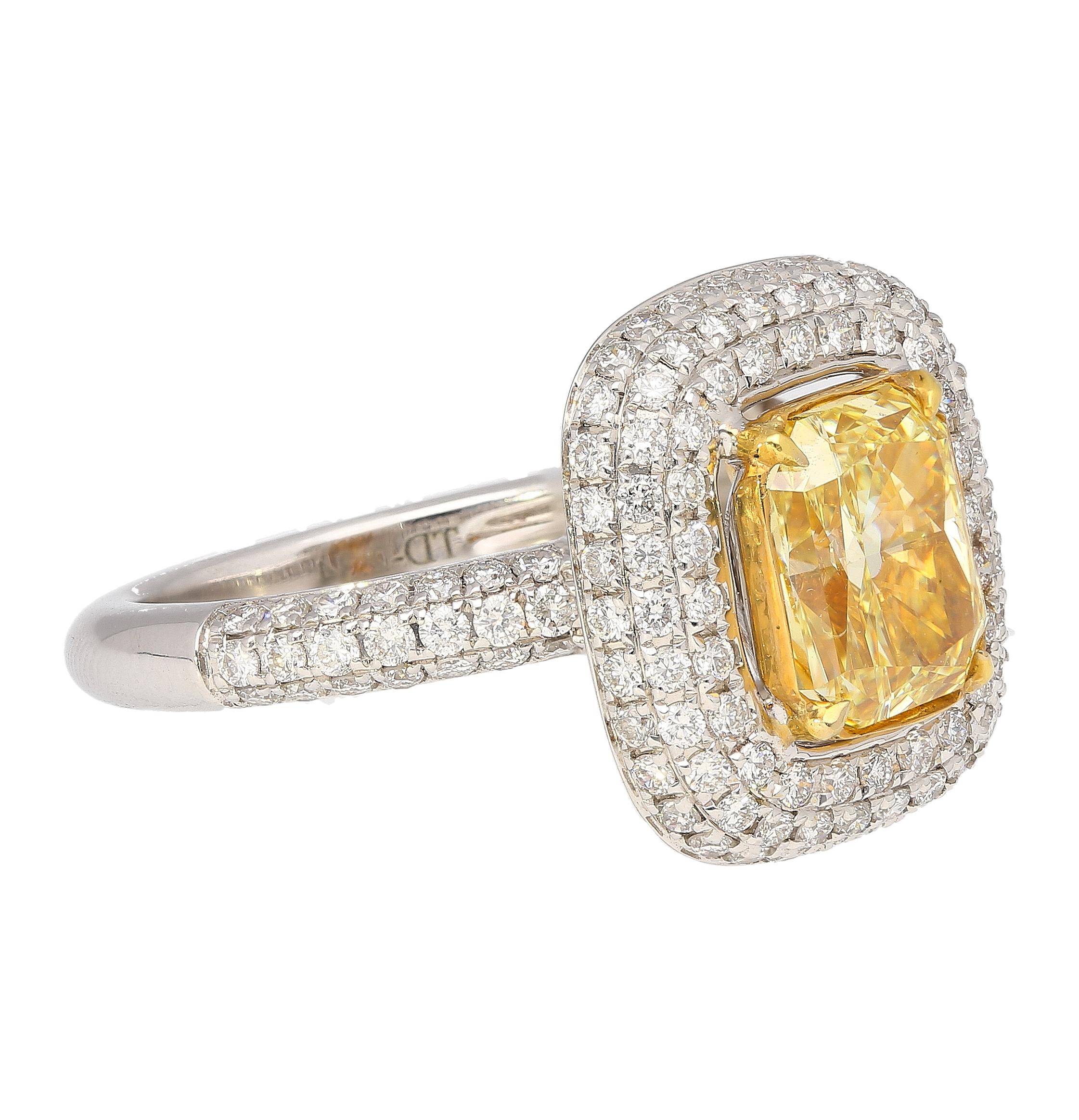 GIA Certified 2.35 Radiant Cut Fancy Yellow Diamond Ring in 18k White Gold In New Condition For Sale In Miami, FL
