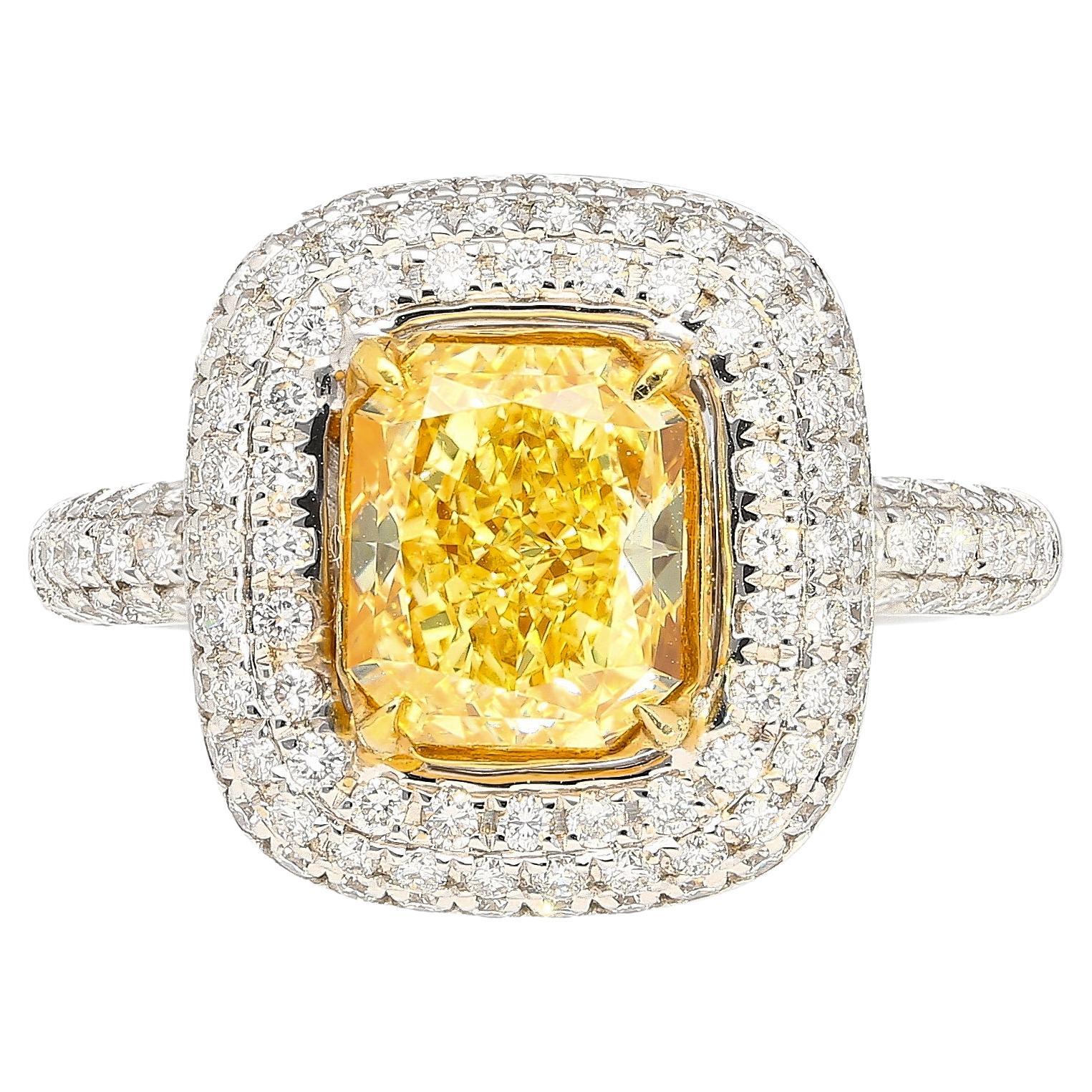 GIA Certified 2.35 Radiant Cut Fancy Yellow Diamond Ring in 18k White Gold For Sale