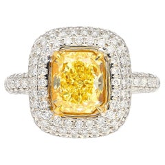 GIA Certified 2.35 Radiant Cut Fancy Yellow Diamond Ring in 18k White Gold