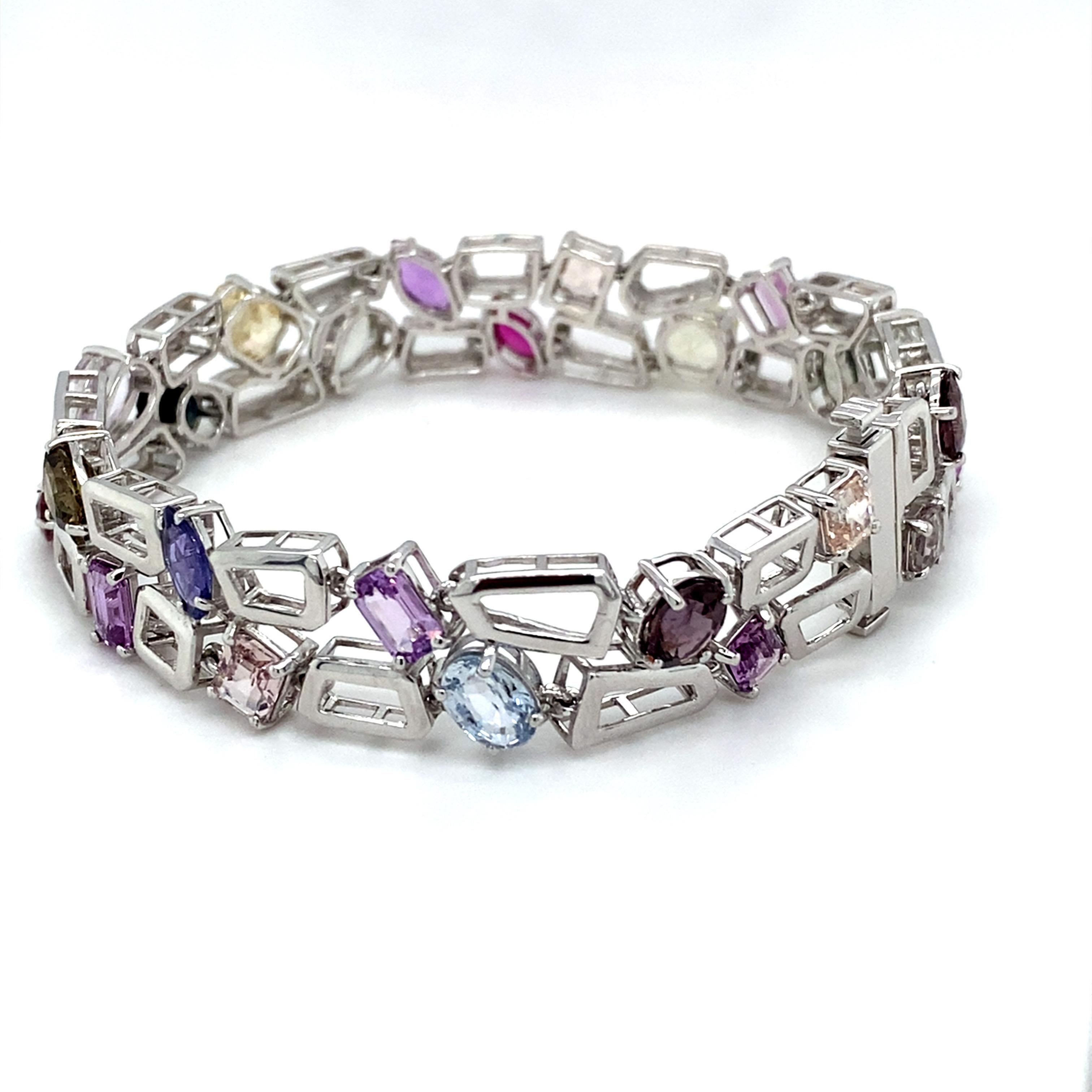 GIA Certified 23.72 Carat Multicolor Sapphire Platinum Bracelet For Sale 5