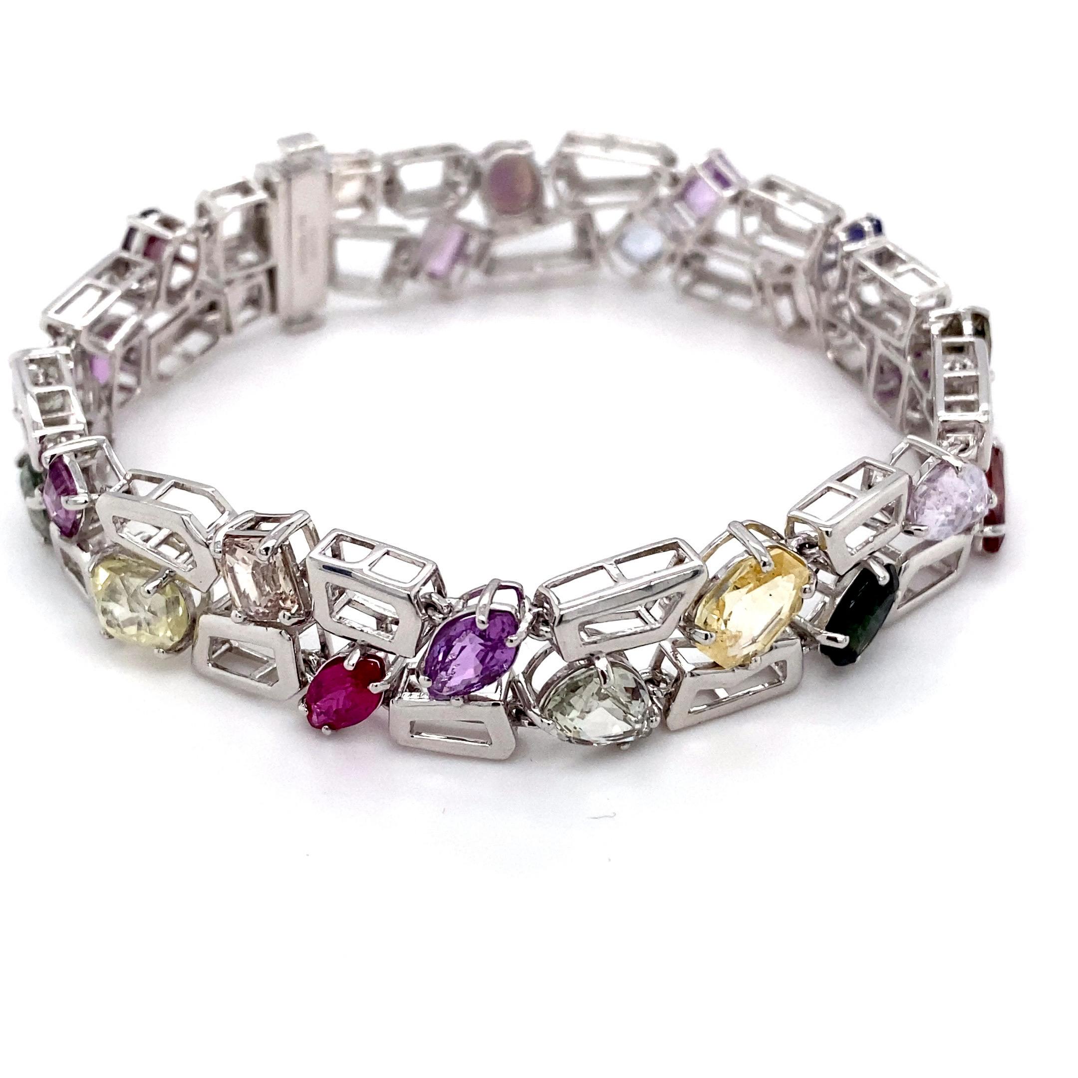 GIA Certified 23.72 Carat Multicolor Sapphire Platinum Bracelet For Sale 6