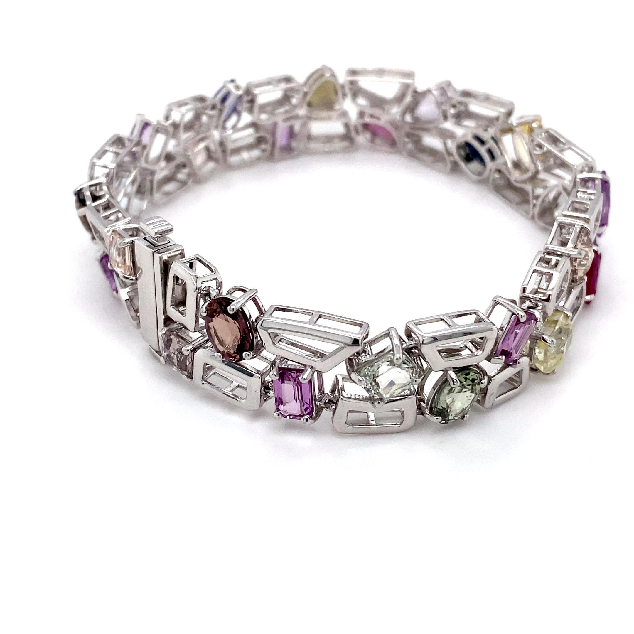 GIA Certified 23.72 Carat Multicolor Sapphire Platinum Bracelet For Sale 7