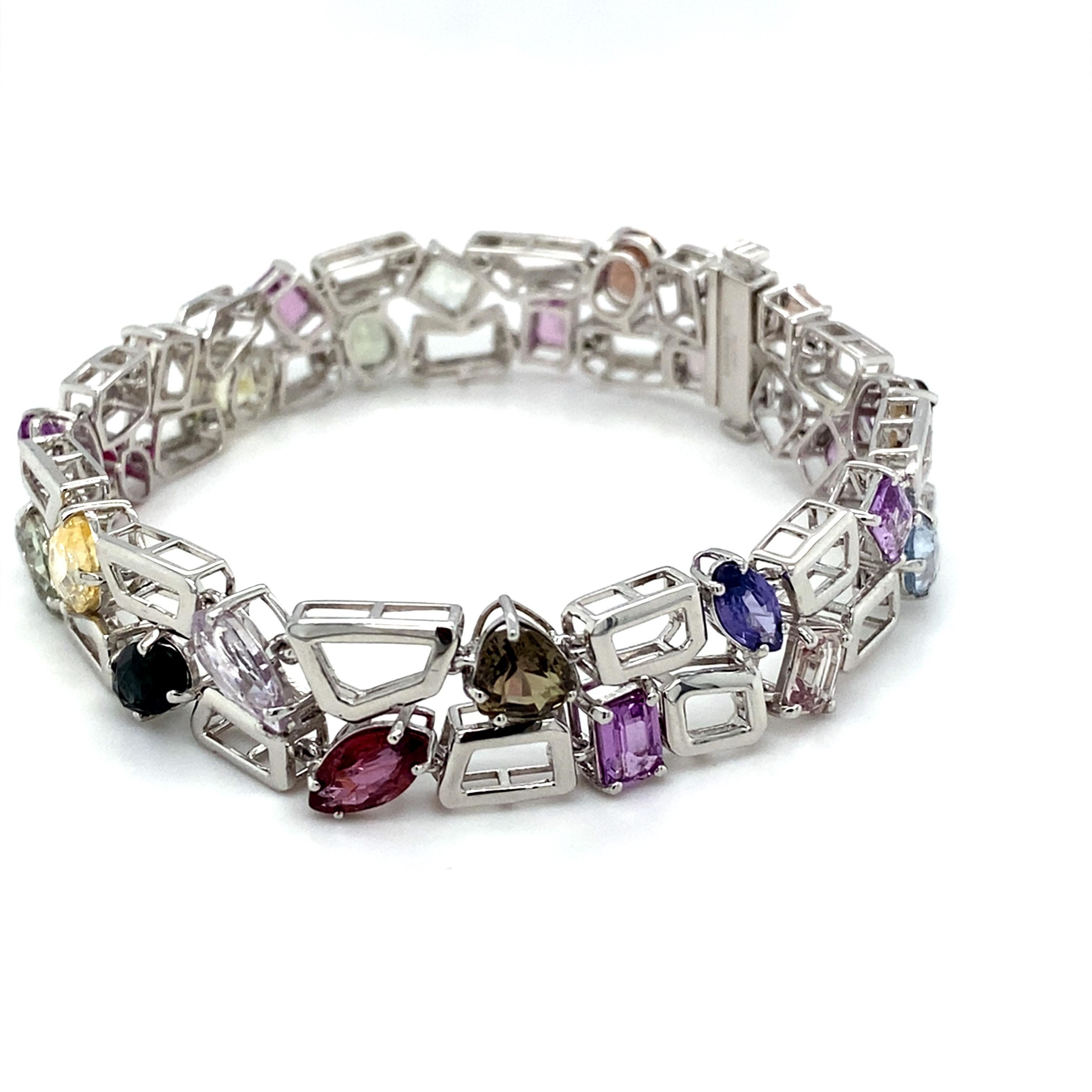 GIA Certified 23.72 Carat Multicolor Sapphire Platinum Bracelet For Sale 9