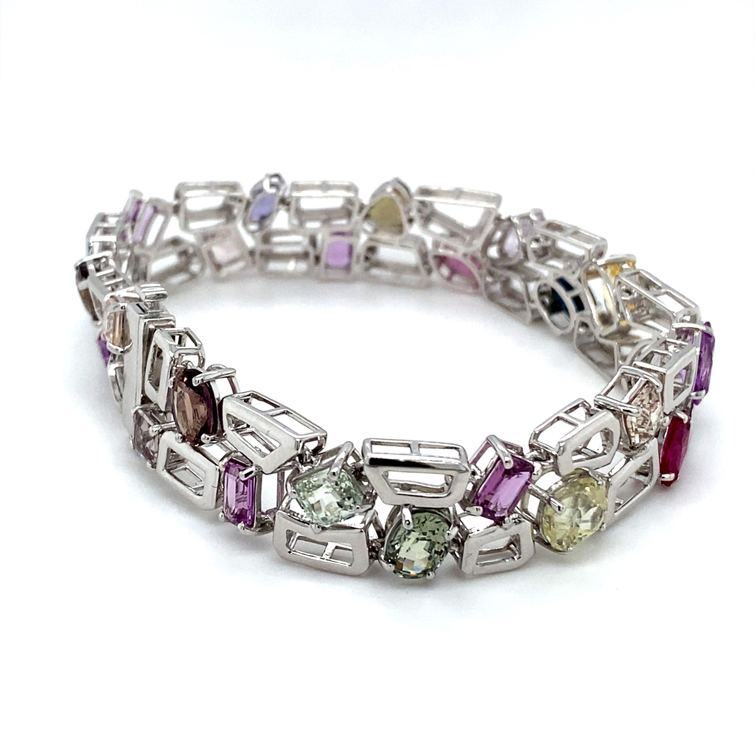 GIA Certified 23.72 Carat Multicolor Sapphire Platinum Bracelet For Sale 11