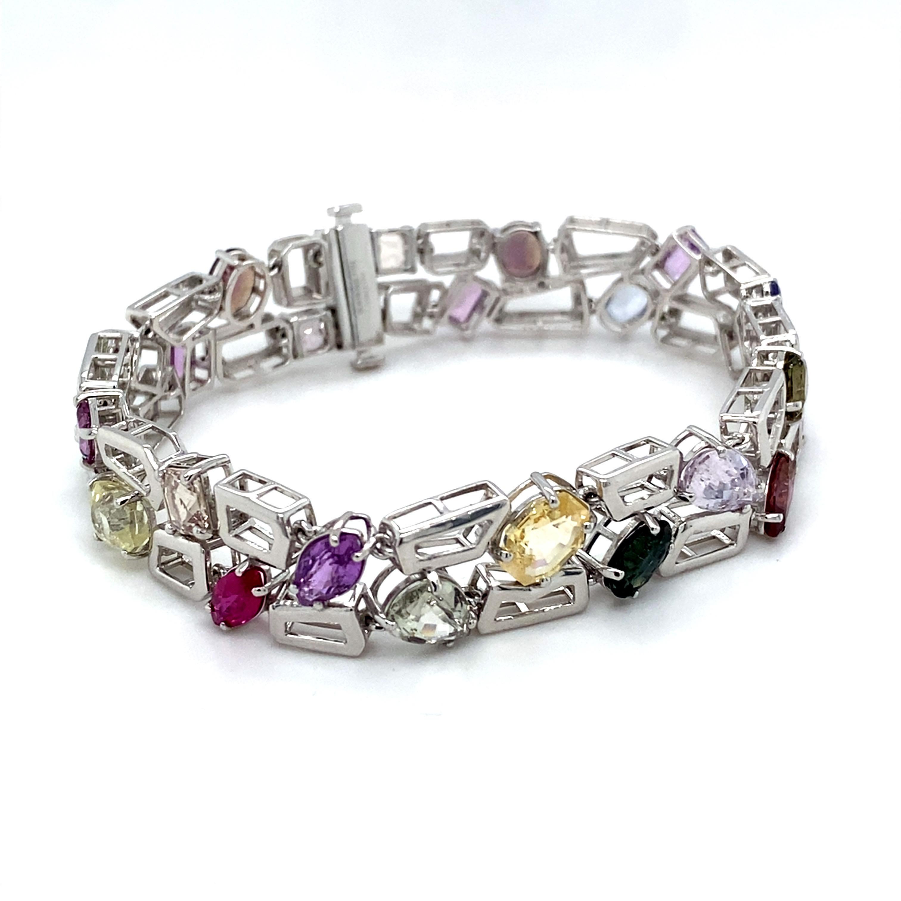 Artisan GIA Certified 23.72 Carat Multicolor Sapphire Platinum Bracelet For Sale