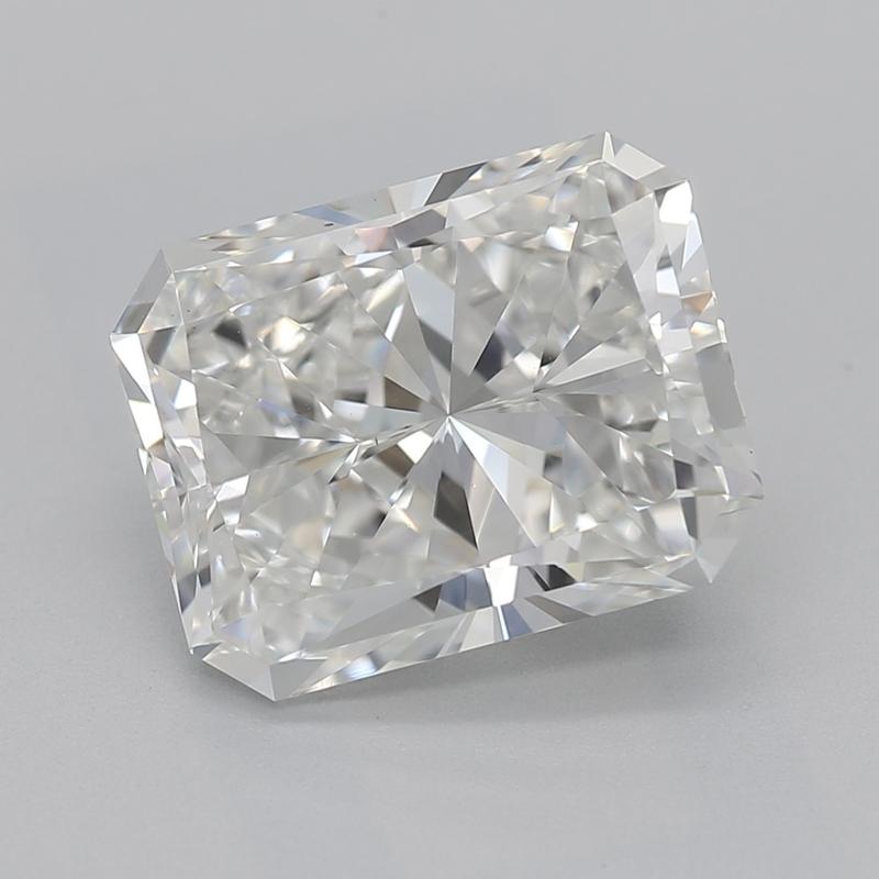 Handcrafted in New York, a stunning diamond ring featuring a captivating radiant H VS2 2.38 center stone radiates unparalleled elegance. The centerpiece is secured in a delicate four-prong basket setting, allowing light to dance through the diamond,