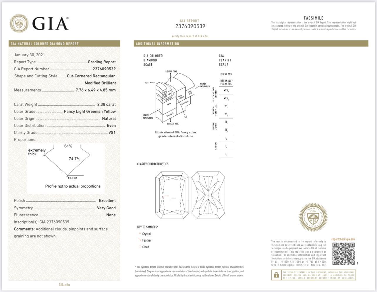 GIA Certified 2.38 Carat Fancy Light Greenish Yellow Diamond Ring VS1 Clarity For Sale 4