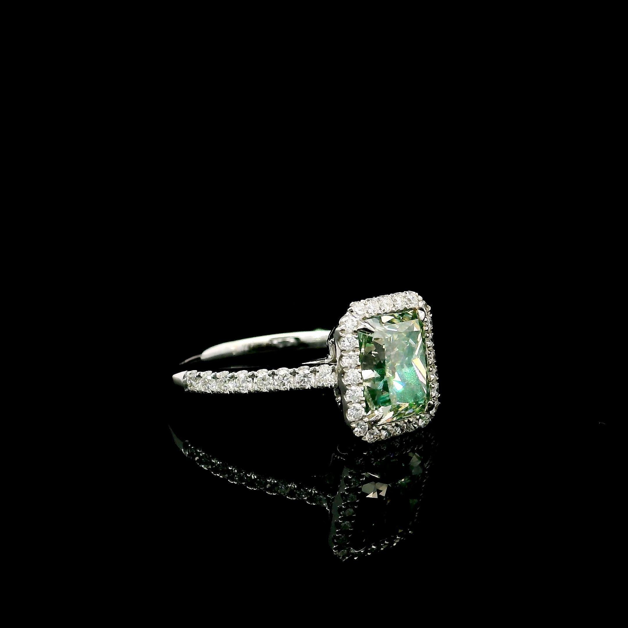 Radiant Cut GIA Certified 2.38 Carat Fancy Light Greenish Yellow VS1 Clarity Diamond Ring For Sale