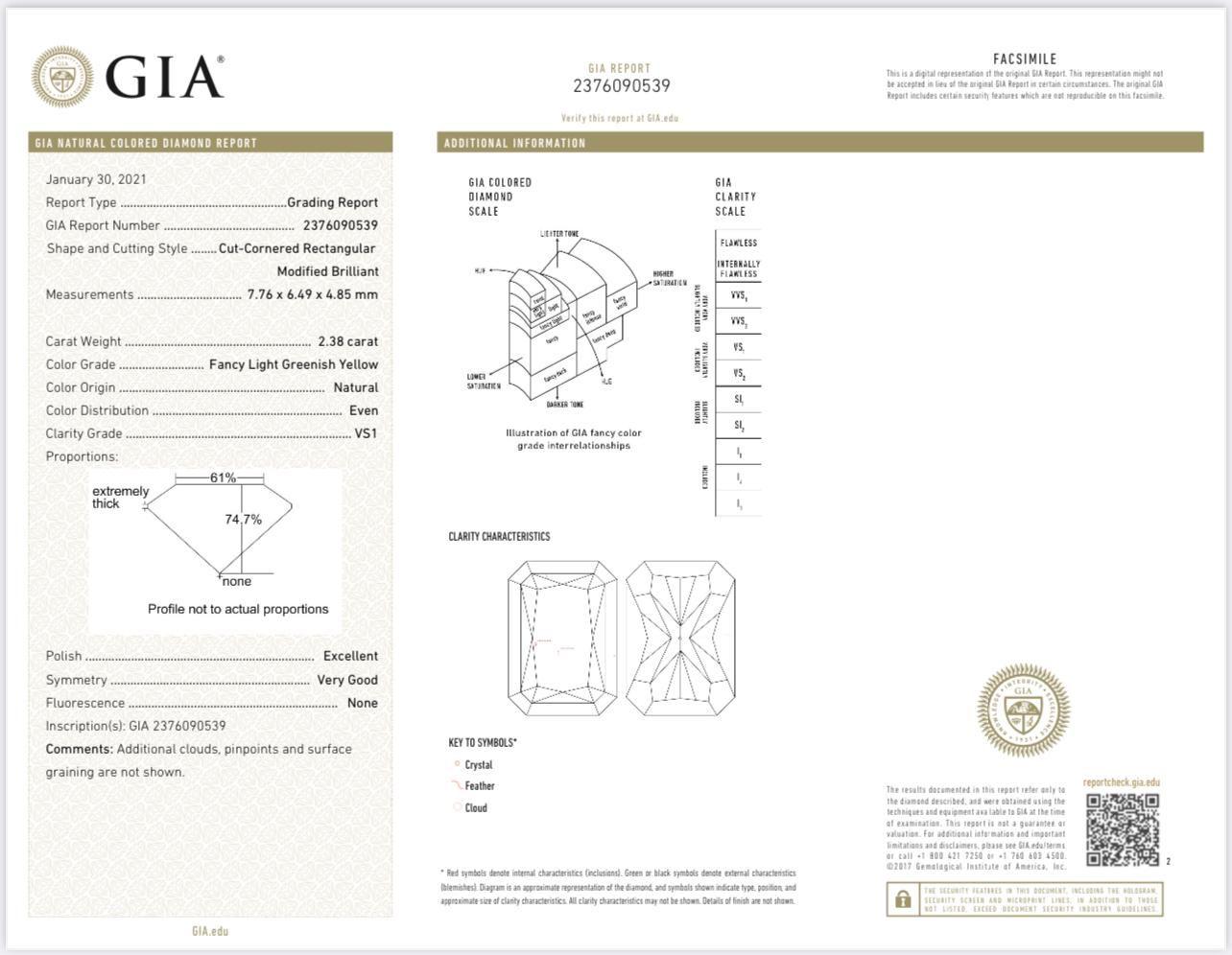 GIA Certified 2.38 Carat Fancy Light Greenish Yellow VS1 Clarity Diamond Ring For Sale 3