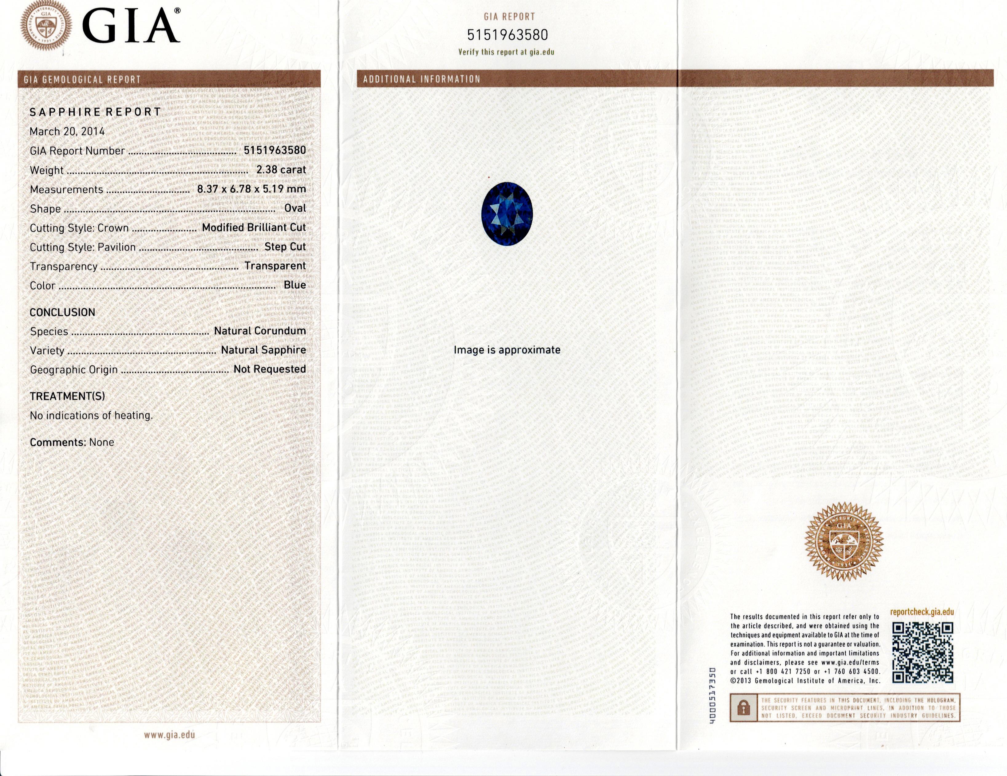 2.38 Carats No-Heat Blue Sapphire & Diamond Three-Stone Engagement Ring In New Condition For Sale In New York, NY
