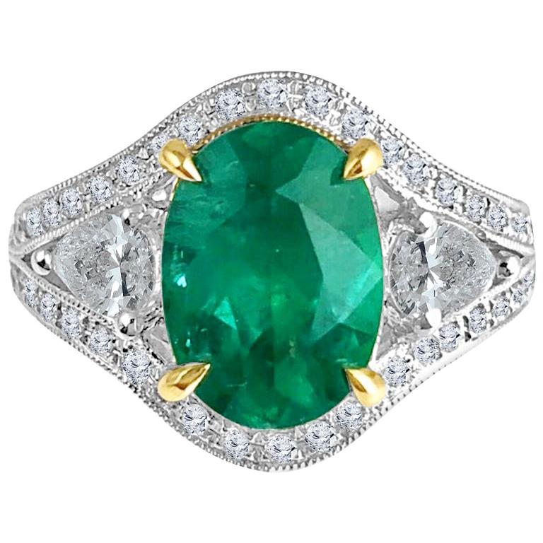 GIA Certified 2.38 Carat Oval Cut Emerald and Diamond Ring