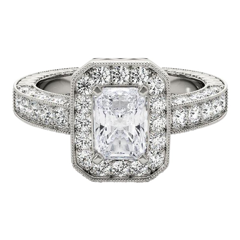 GIA Certified 2.38 Carat Radiant Halo Openwork Pave Platinum Diamond Ring
